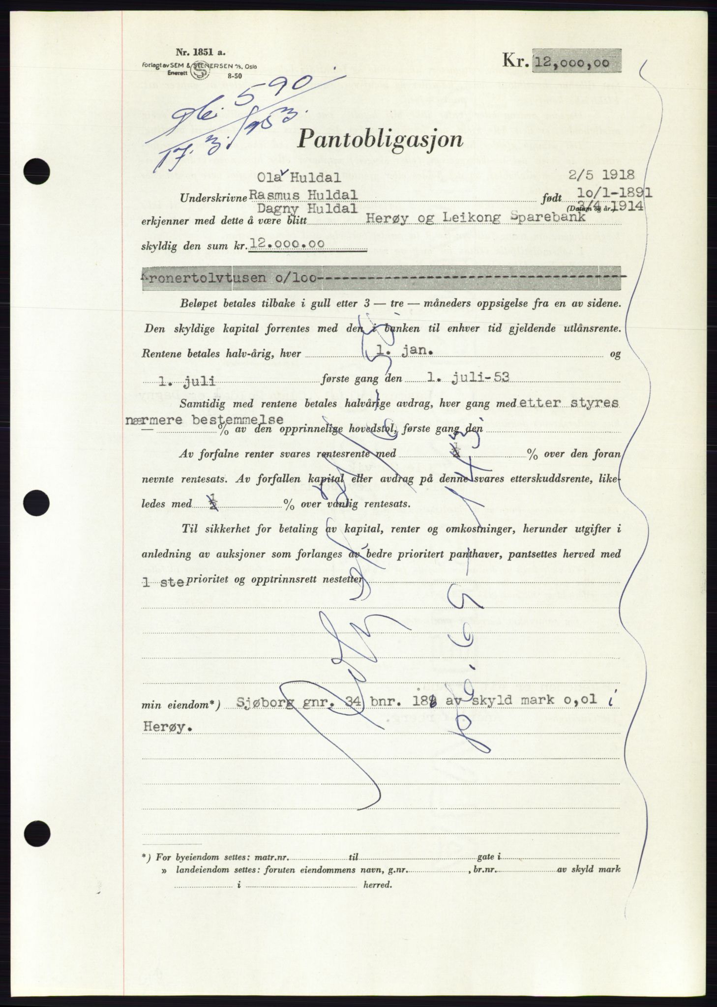 Søre Sunnmøre sorenskriveri, AV/SAT-A-4122/1/2/2C/L0123: Mortgage book no. 11B, 1953-1953, Diary no: : 590/1953