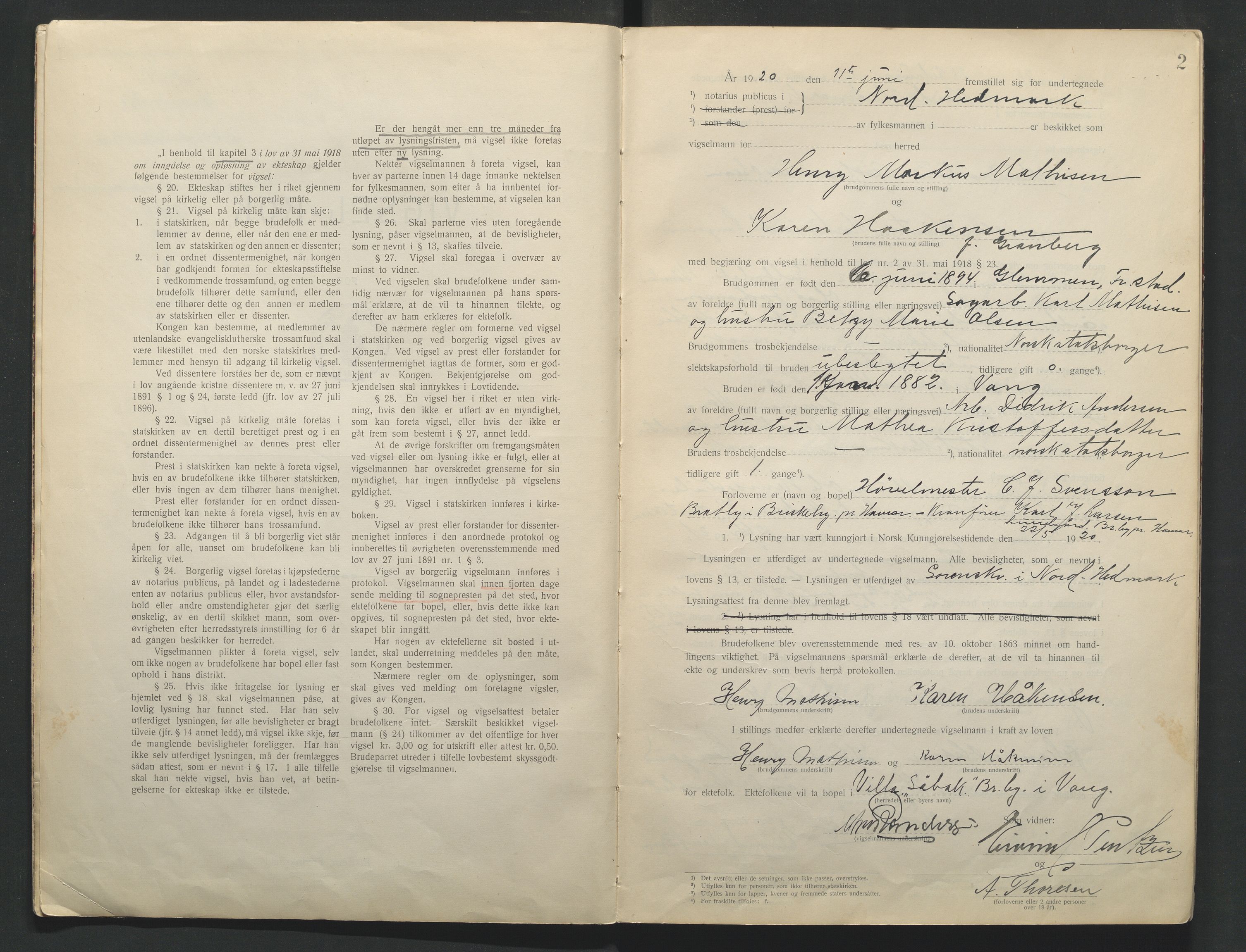 Nord-Hedmark sorenskriveri, AV/SAH-TING-012/L/Lc/L0001/0001: Vigselsprotokoller / Vigselsprotokoll, 1920-1942, p. 2
