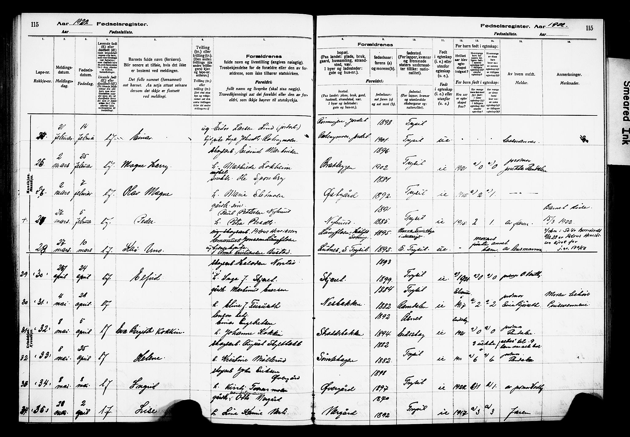 Trysil prestekontor, AV/SAH-PREST-046/I/Id/Ida/L0001: Birth register no. I 1, 1916-1927, p. 115