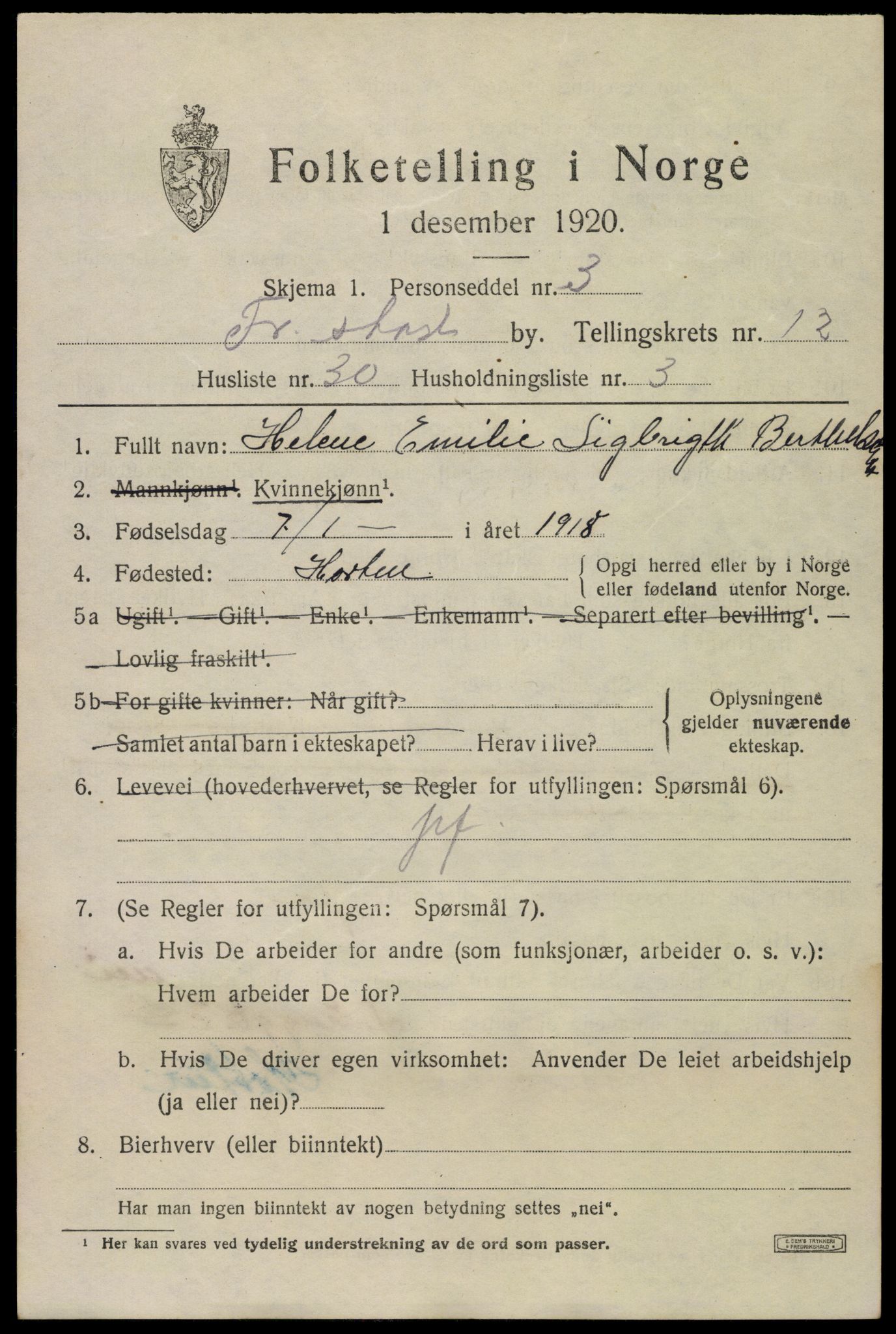 SAO, 1920 census for Fredrikstad, 1920, p. 31063