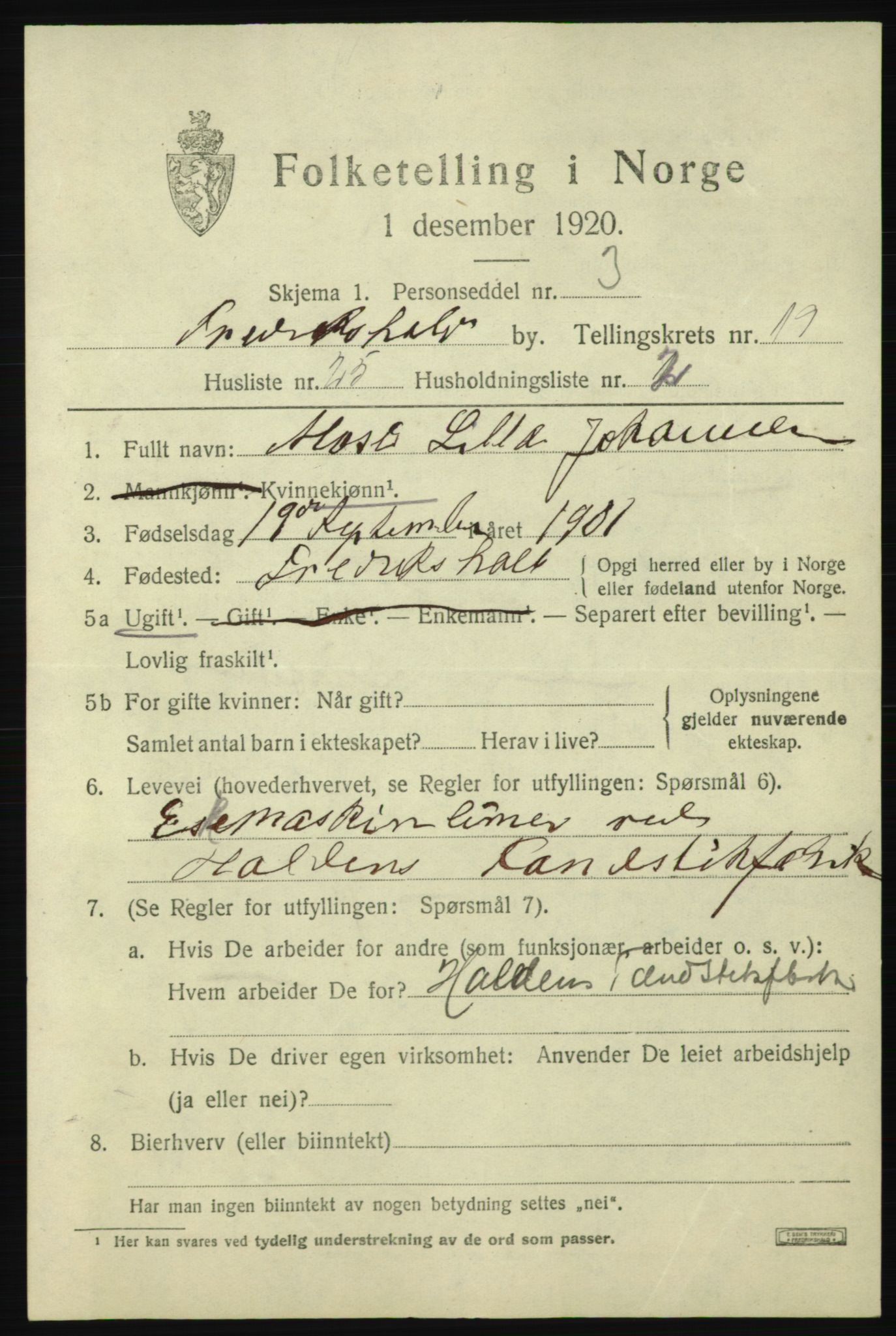 SAO, 1920 census for Fredrikshald, 1920, p. 28862