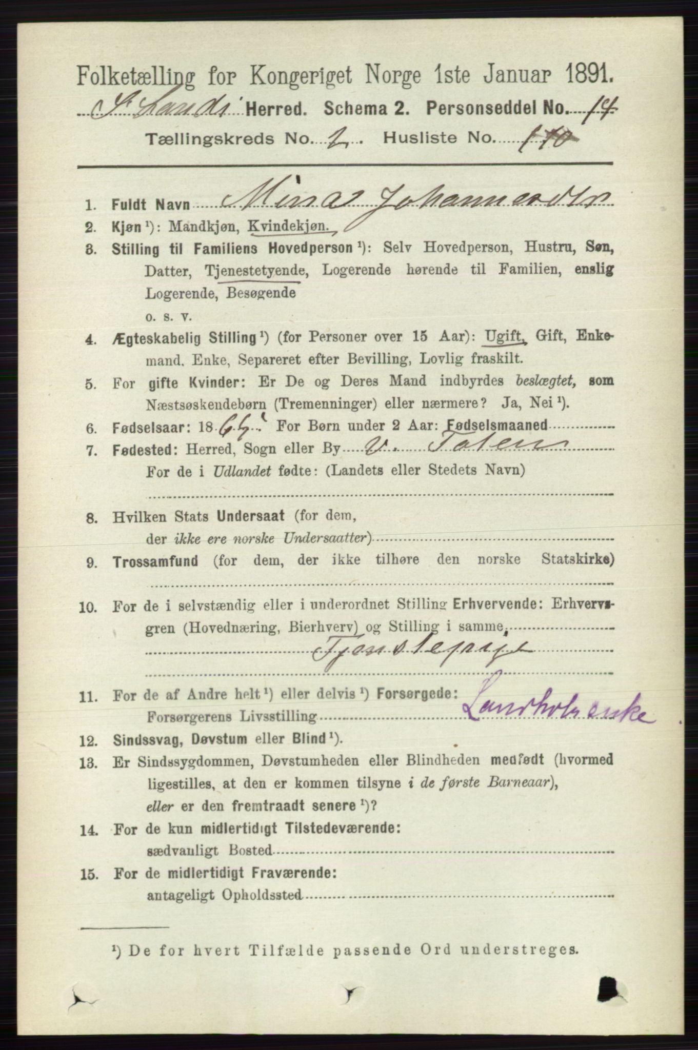 RA, 1891 census for 0536 Søndre Land, 1891, p. 2103