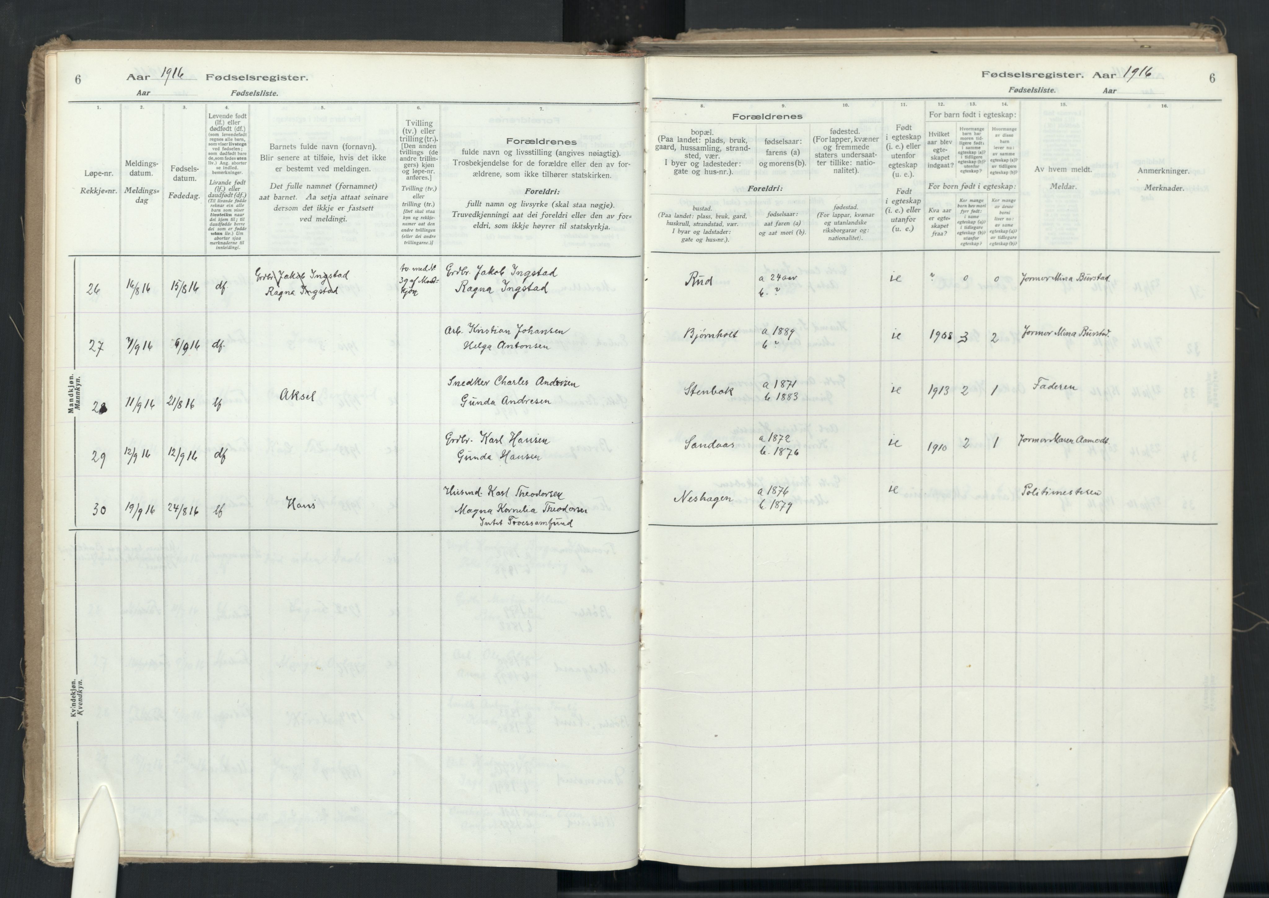 Enebakk prestekontor Kirkebøker, AV/SAO-A-10171c/J/Ja/L0001: Birth register no. I 1, 1916-1948, p. 6