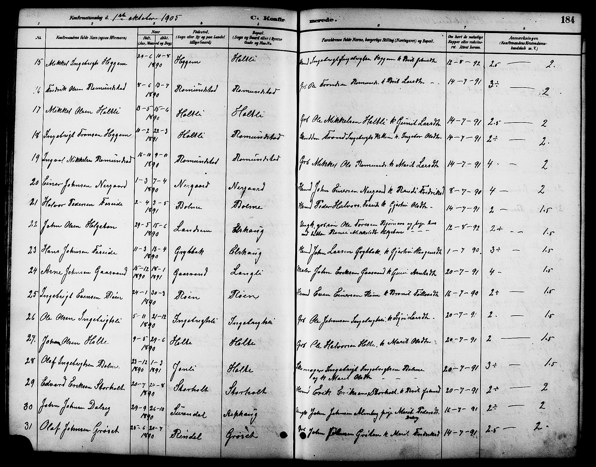 Ministerialprotokoller, klokkerbøker og fødselsregistre - Møre og Romsdal, AV/SAT-A-1454/598/L1078: Parish register (copy) no. 598C03, 1892-1909, p. 184