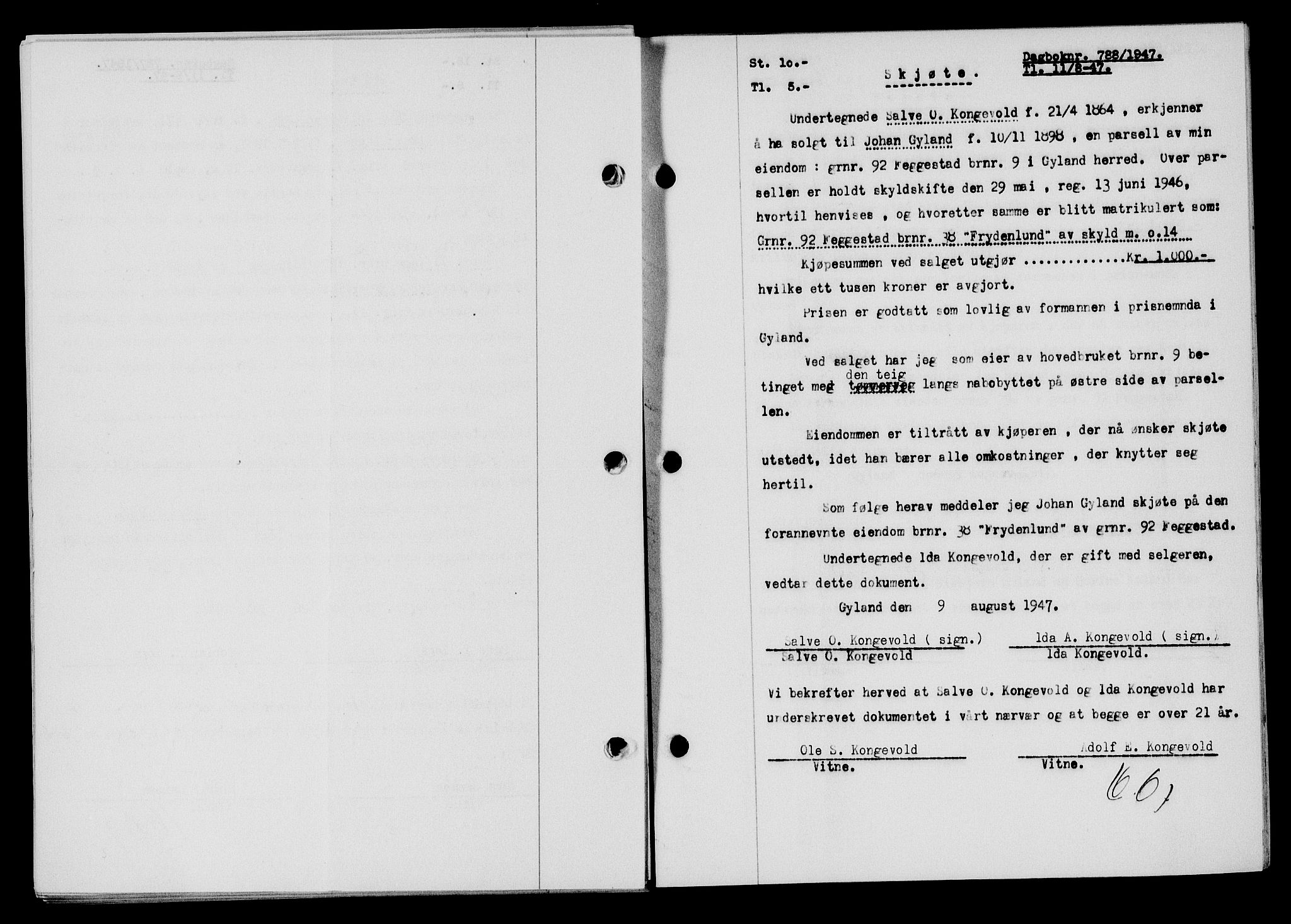 Flekkefjord sorenskriveri, SAK/1221-0001/G/Gb/Gba/L0062: Mortgage book no. A-10, 1947-1947, Diary no: : 788/1947