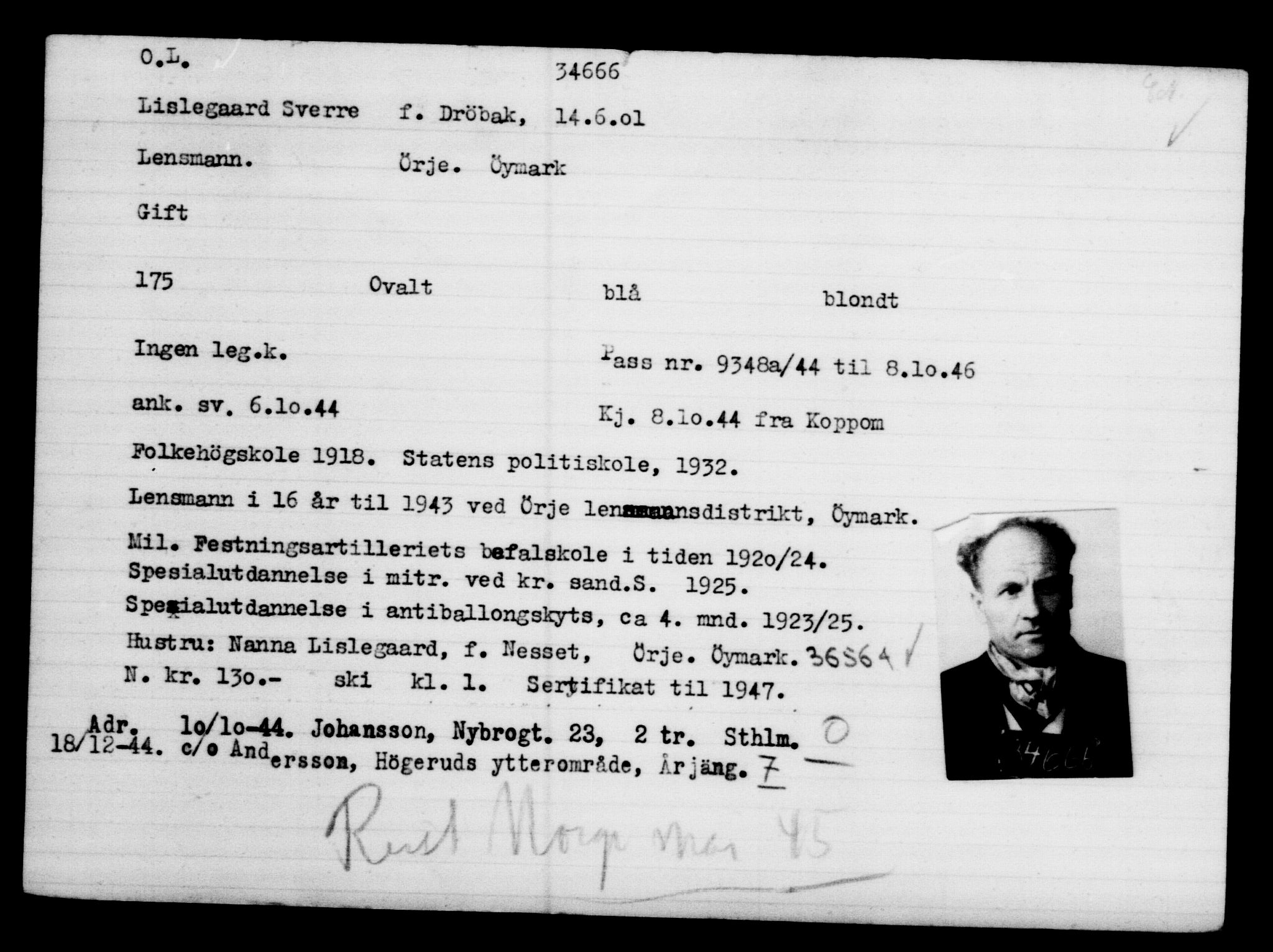Utenriksstasjonene, Legasjonen i Stockholm, Flyktningkontoret, AV/RA-S-6753/V/Va/L0013: Kjesäterkartoteket, flyktninger med registreringsnr. 31500-34731, 1940-1945, p. 3337