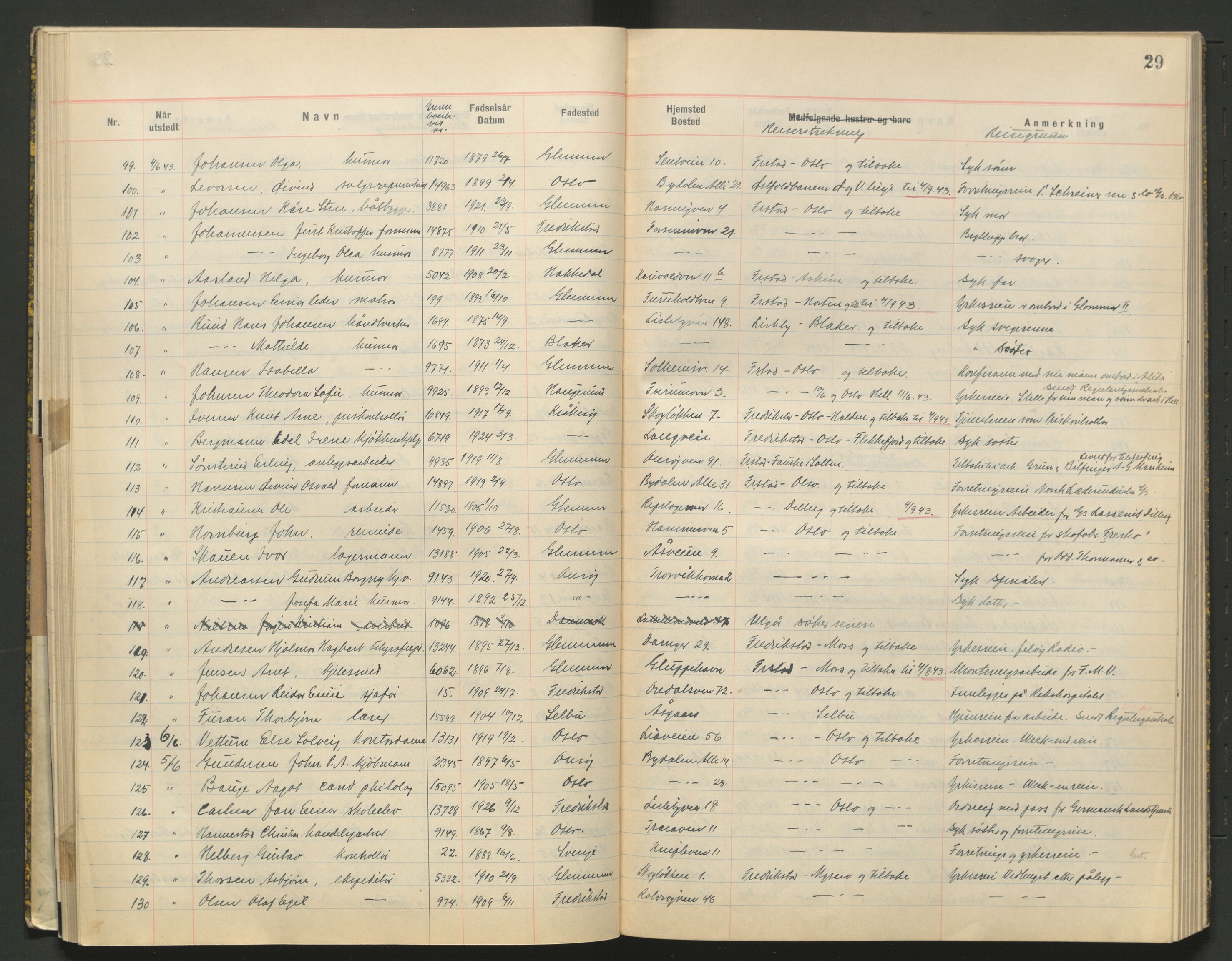 Glemmen lensmannskontor, AV/SAO-A-10123/I/Ic/Ica/L0002: Protokoll over utstedte nordiske reisekort (1939-1940) og utstedte reisetillatelser med jernbanen (1943), 1939-1943, p. 29