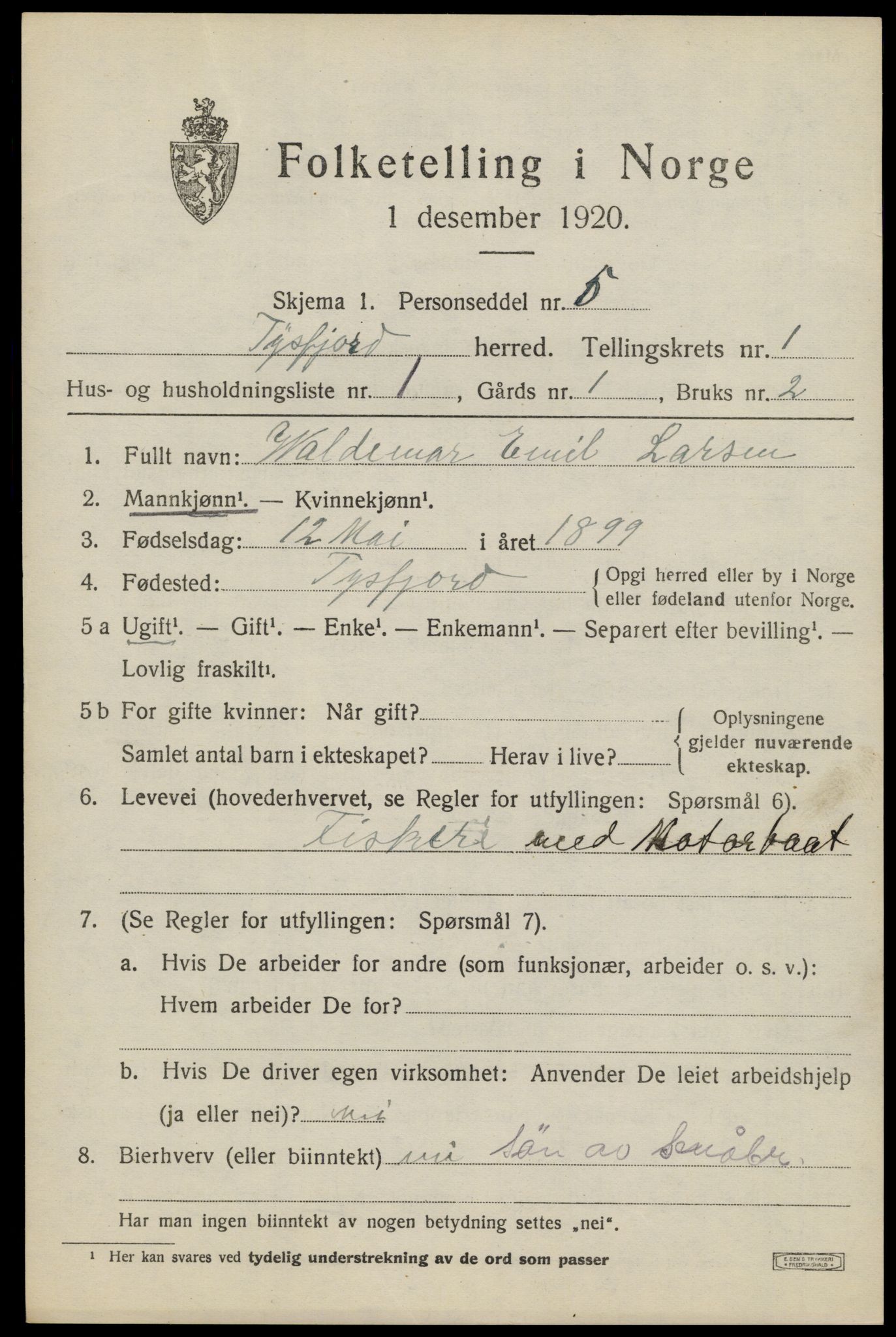 SAT, 1920 census for Tysfjord, 1920, p. 949