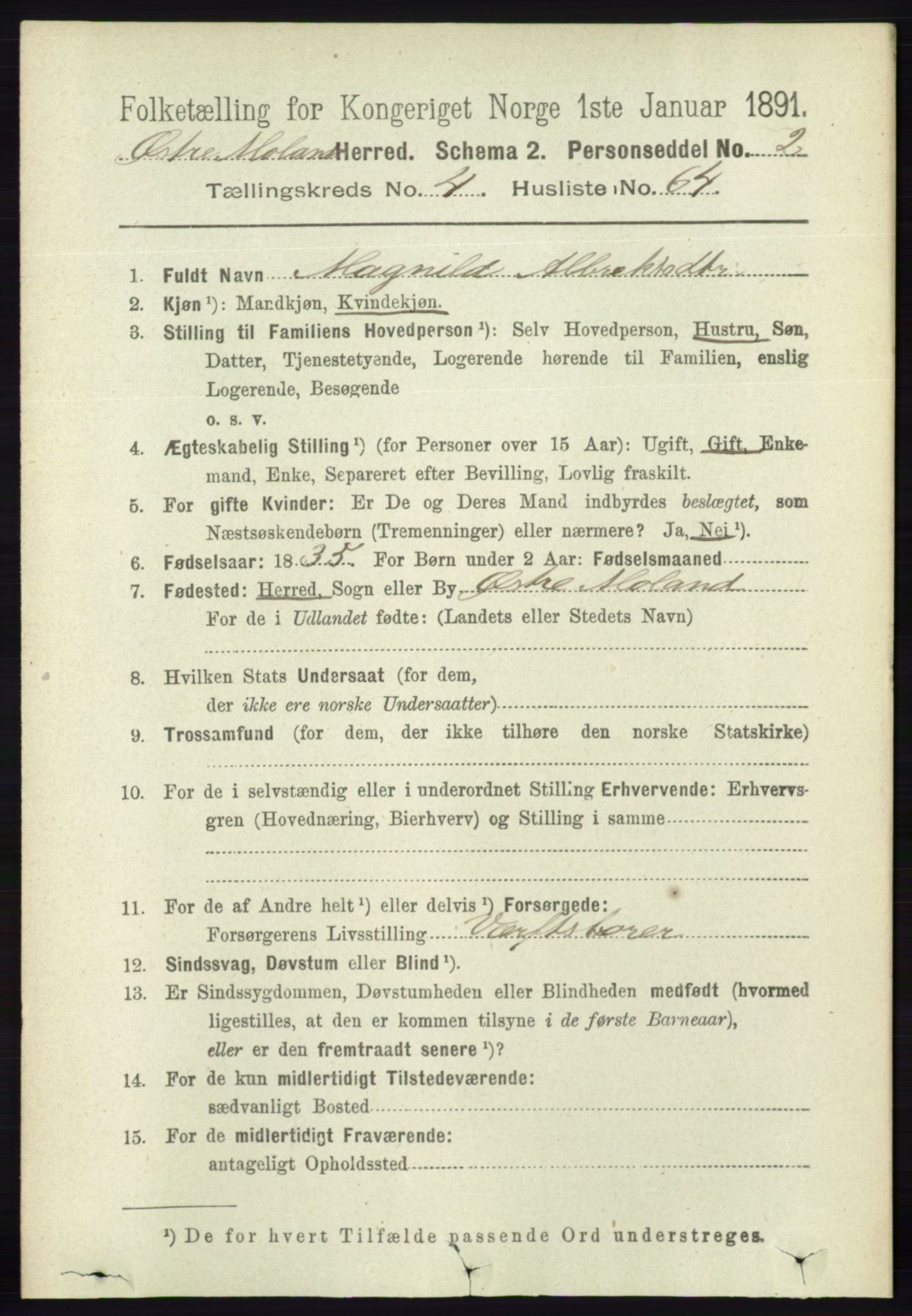 RA, 1891 census for 0918 Austre Moland, 1891, p. 2397