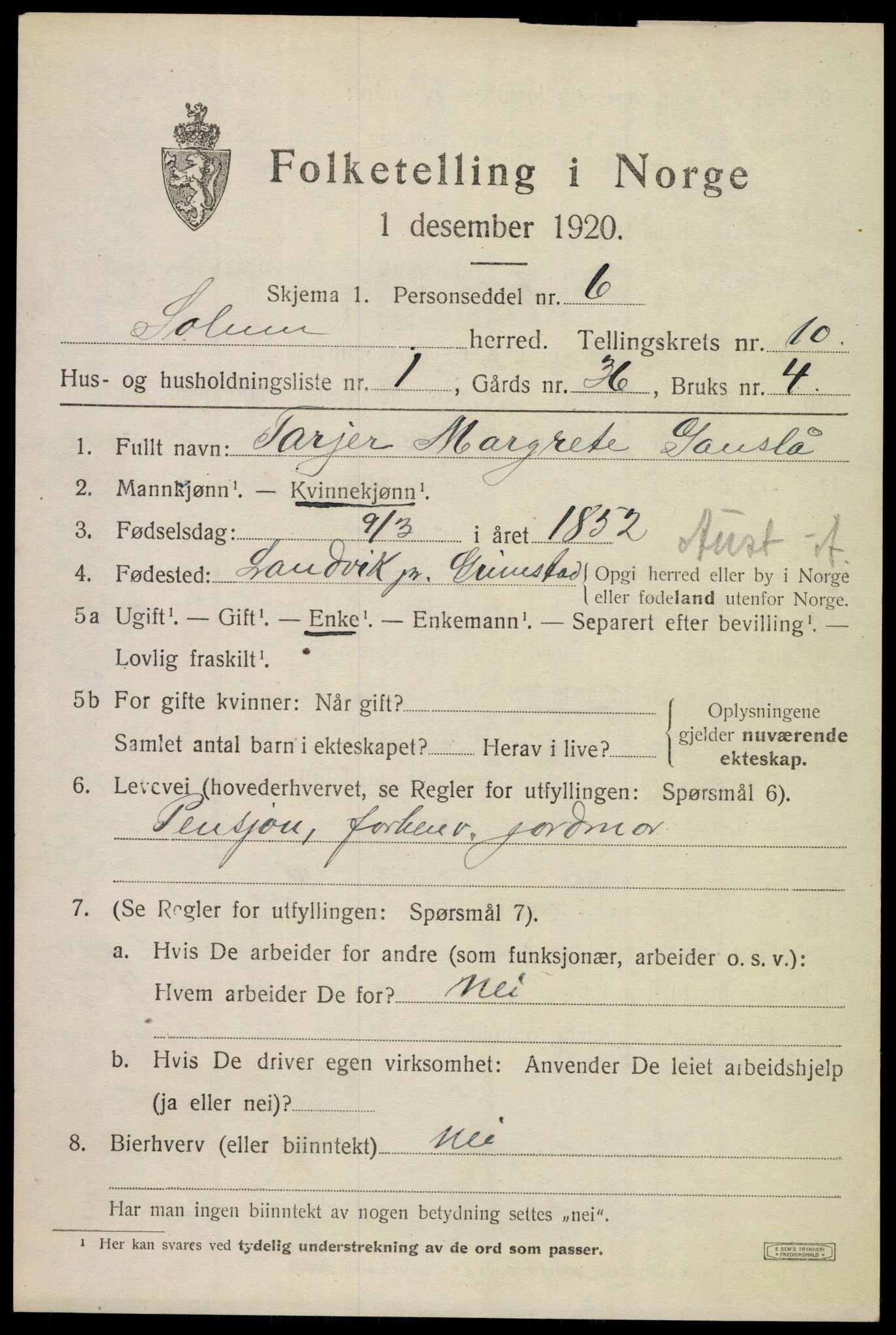 SAKO, 1920 census for Solum, 1920, p. 15346