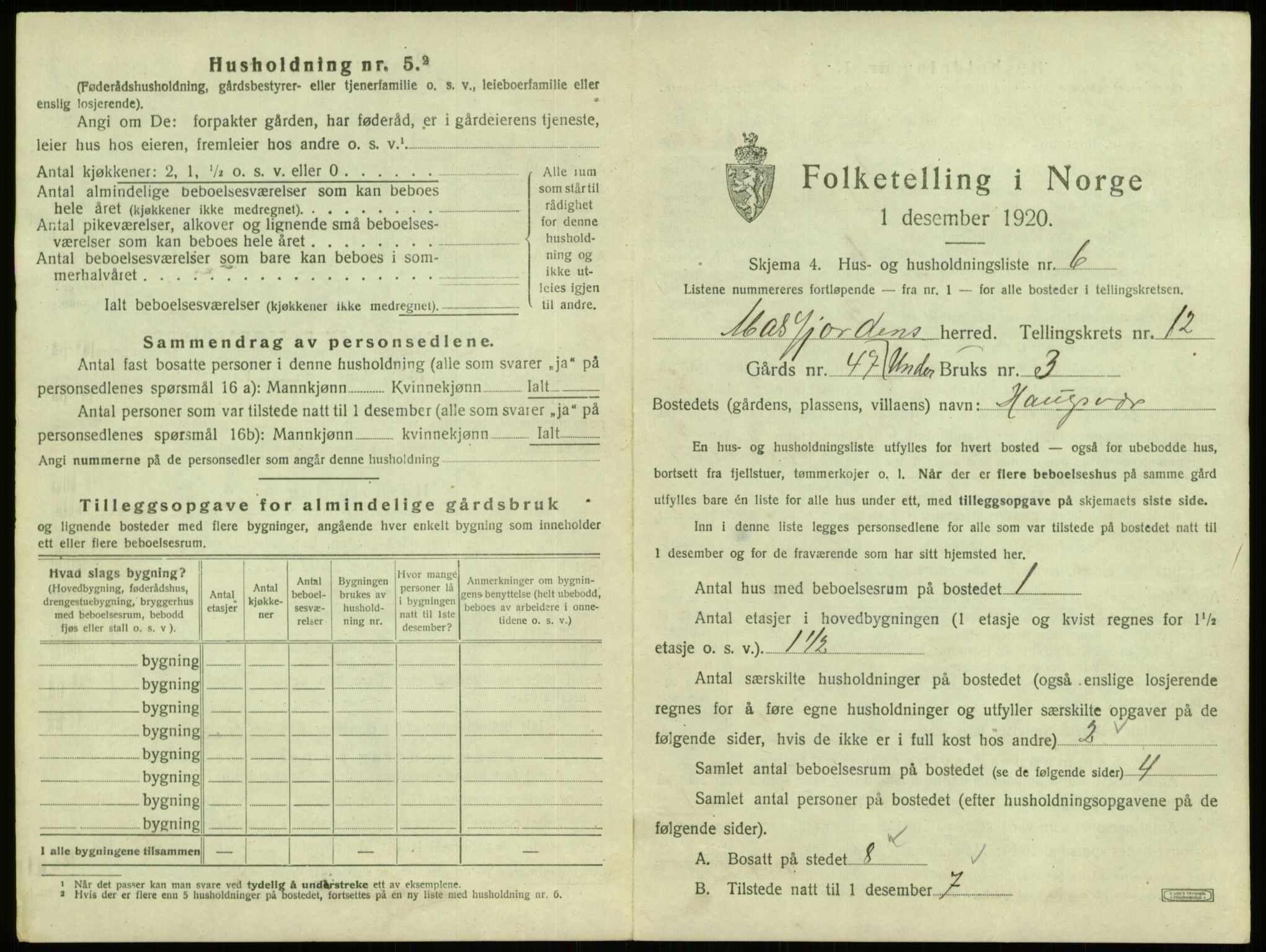 SAB, 1920 census for Masfjorden, 1920, p. 607