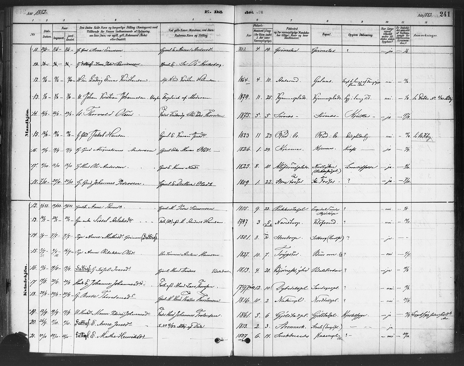 Rakkestad prestekontor Kirkebøker, AV/SAO-A-2008/F/Fa/L0012: Parish register (official) no. I 12, 1878-1893, p. 241