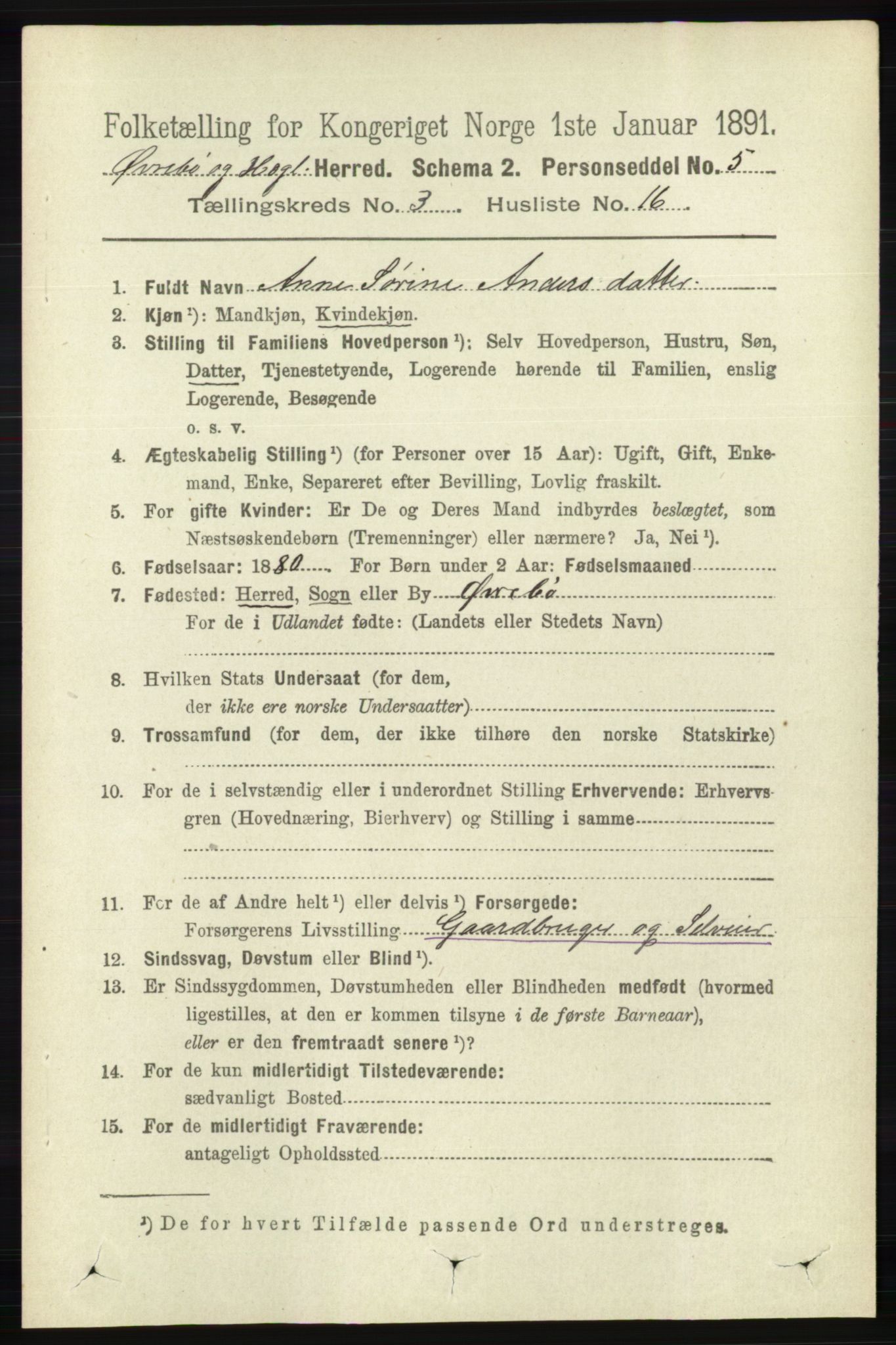 RA, 1891 census for 1016 Øvrebø og Hægeland, 1891, p. 608