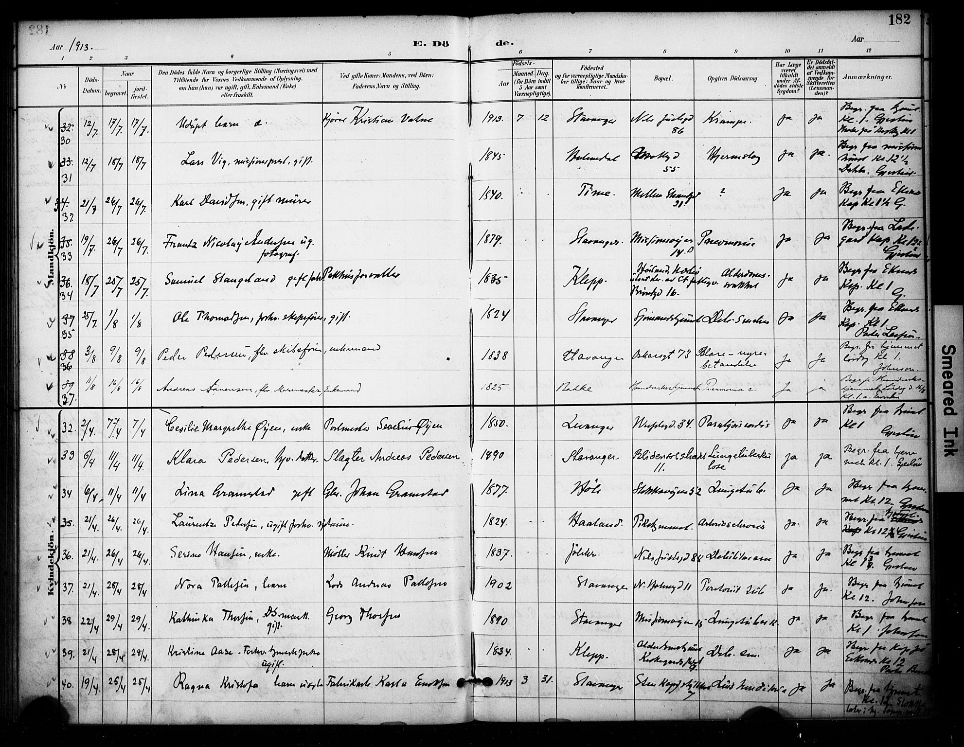 Domkirken sokneprestkontor, AV/SAST-A-101812/001/30/30BA/L0032: Parish register (official) no. A 31, 1896-1917, p. 182