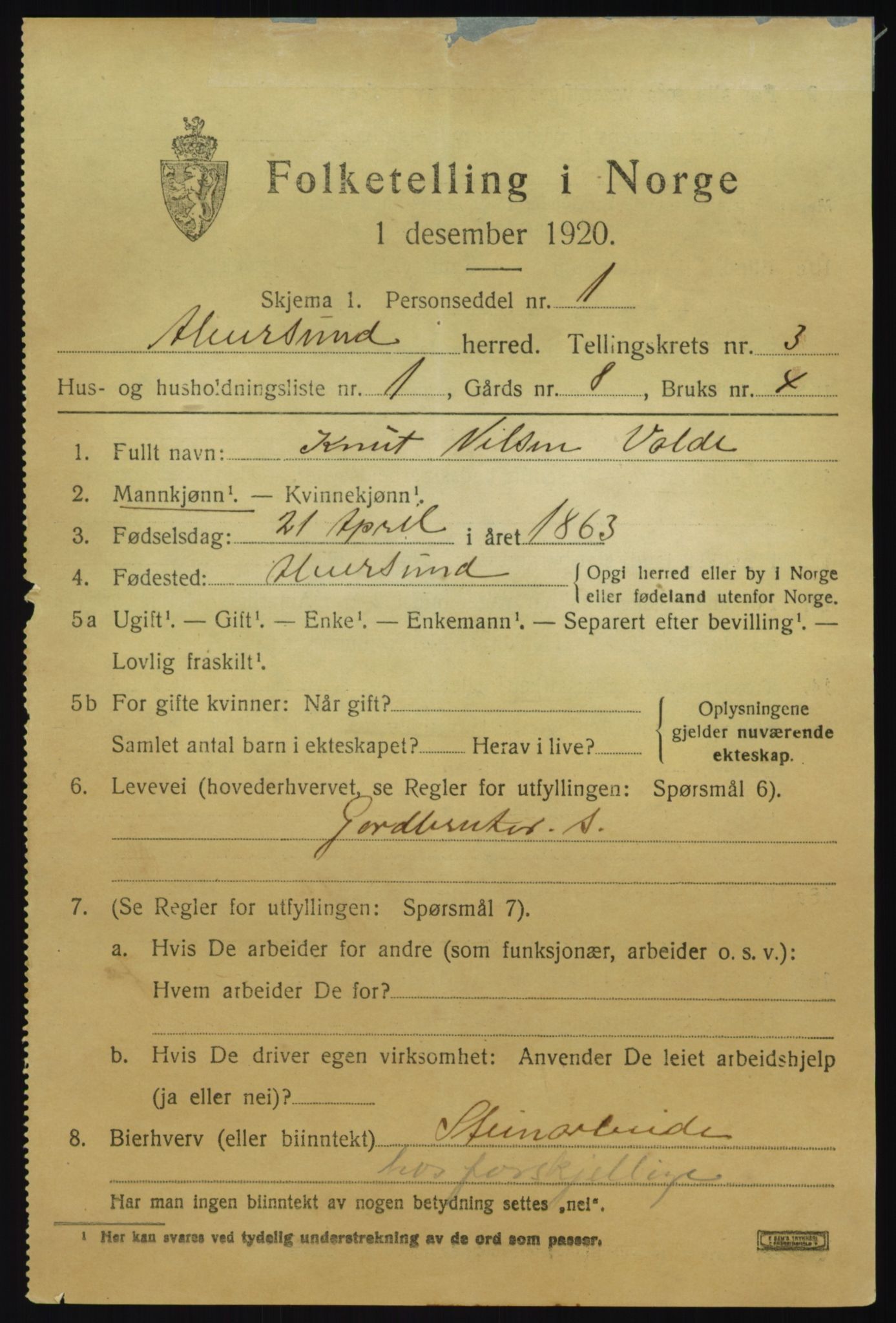 SAB, 1920 census for Alversund, 1920, p. 2016