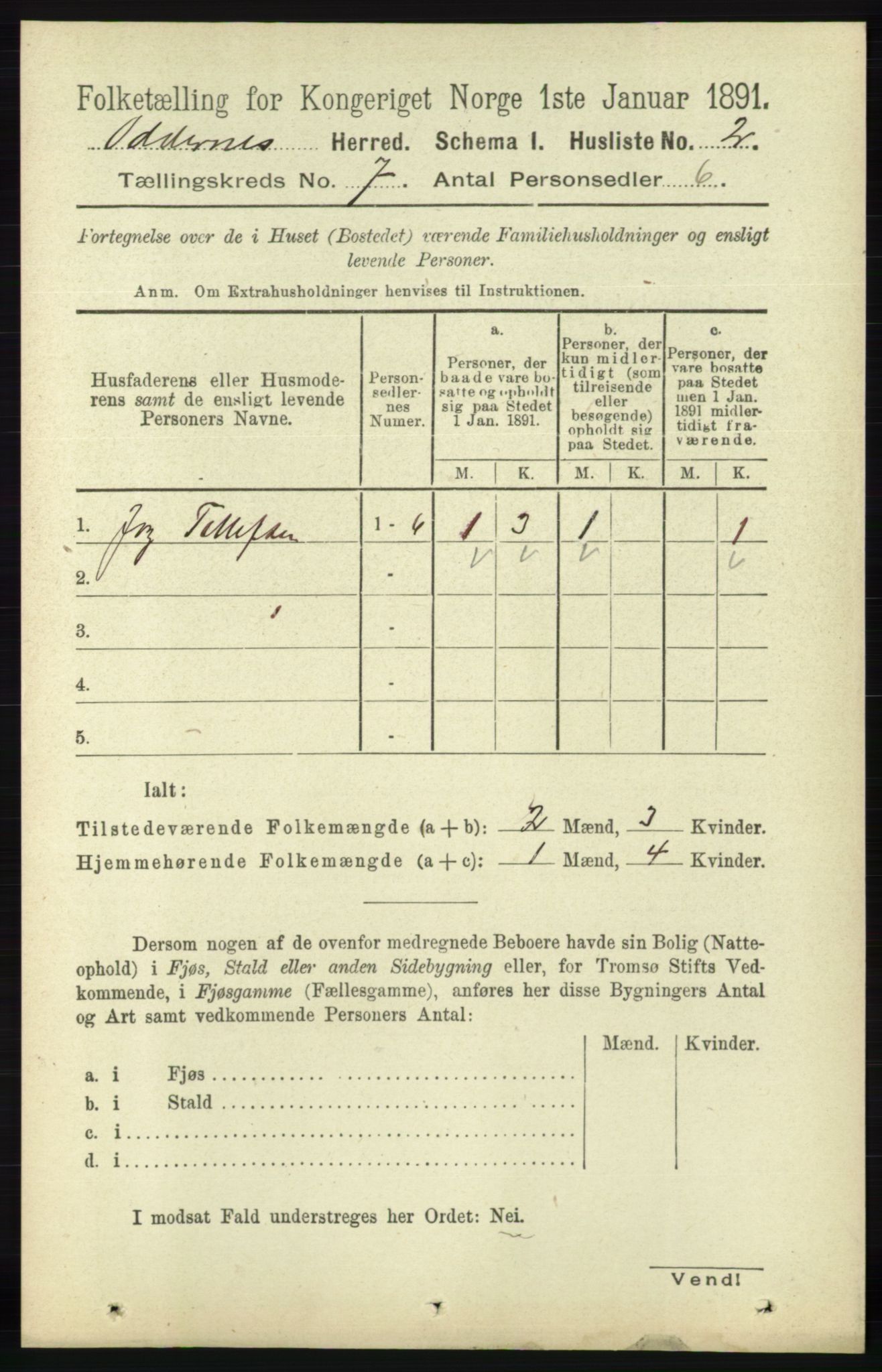 RA, 1891 census for 1012 Oddernes, 1891, p. 2449