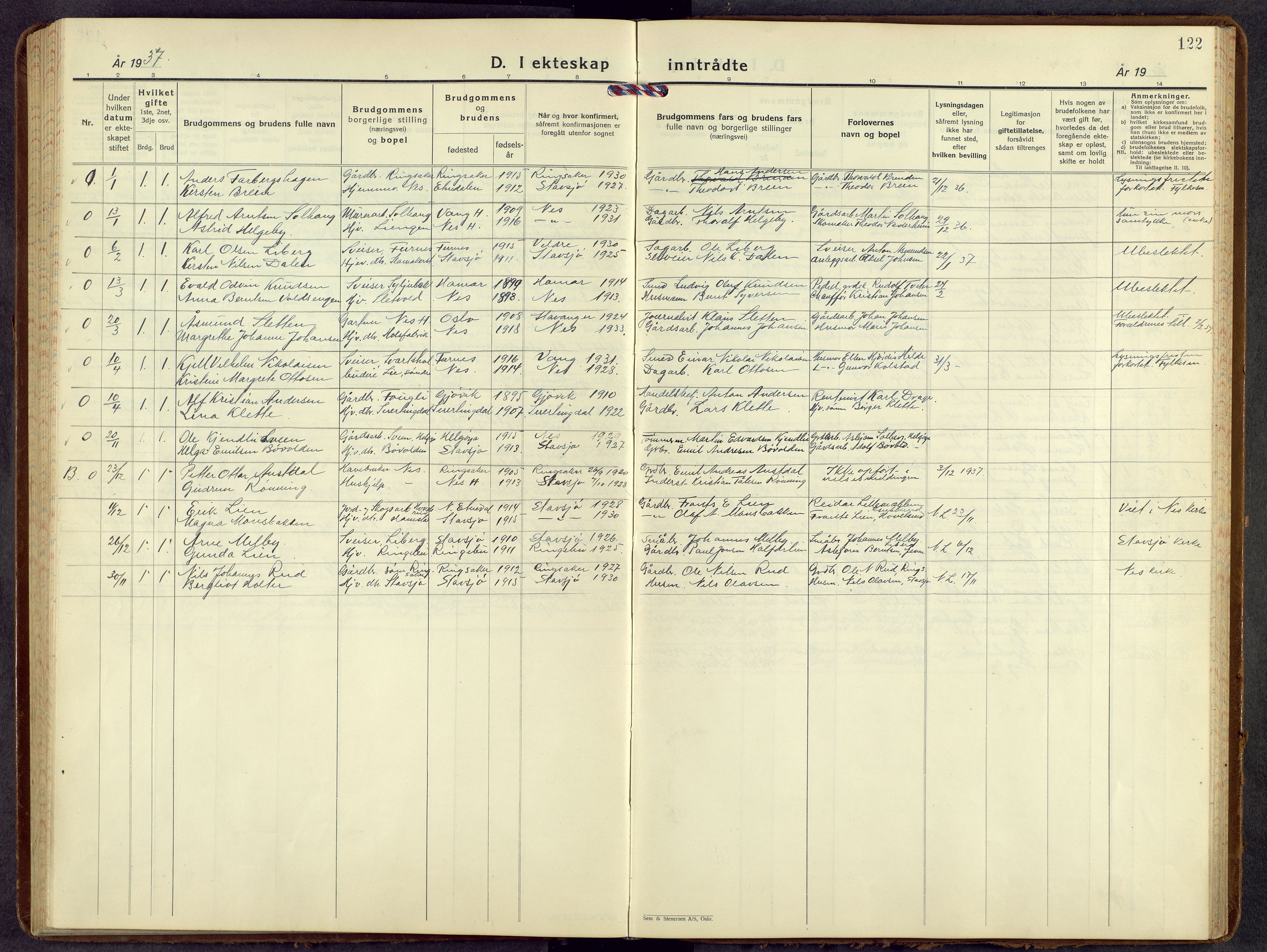 Nes prestekontor, Hedmark, SAH/PREST-020/L/La/L0012: Parish register (copy) no. 12, 1936-1958, p. 122