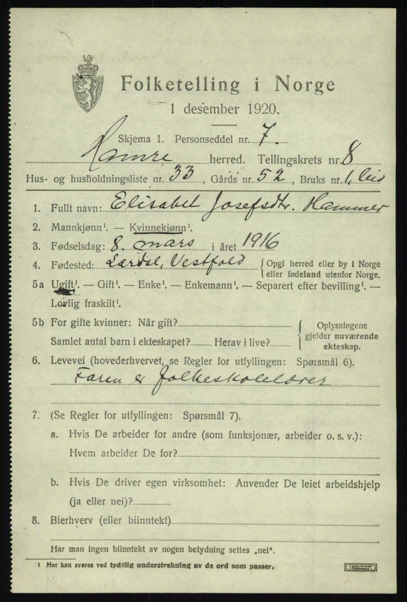 SAB, 1920 census for Hamre, 1920, p. 4833