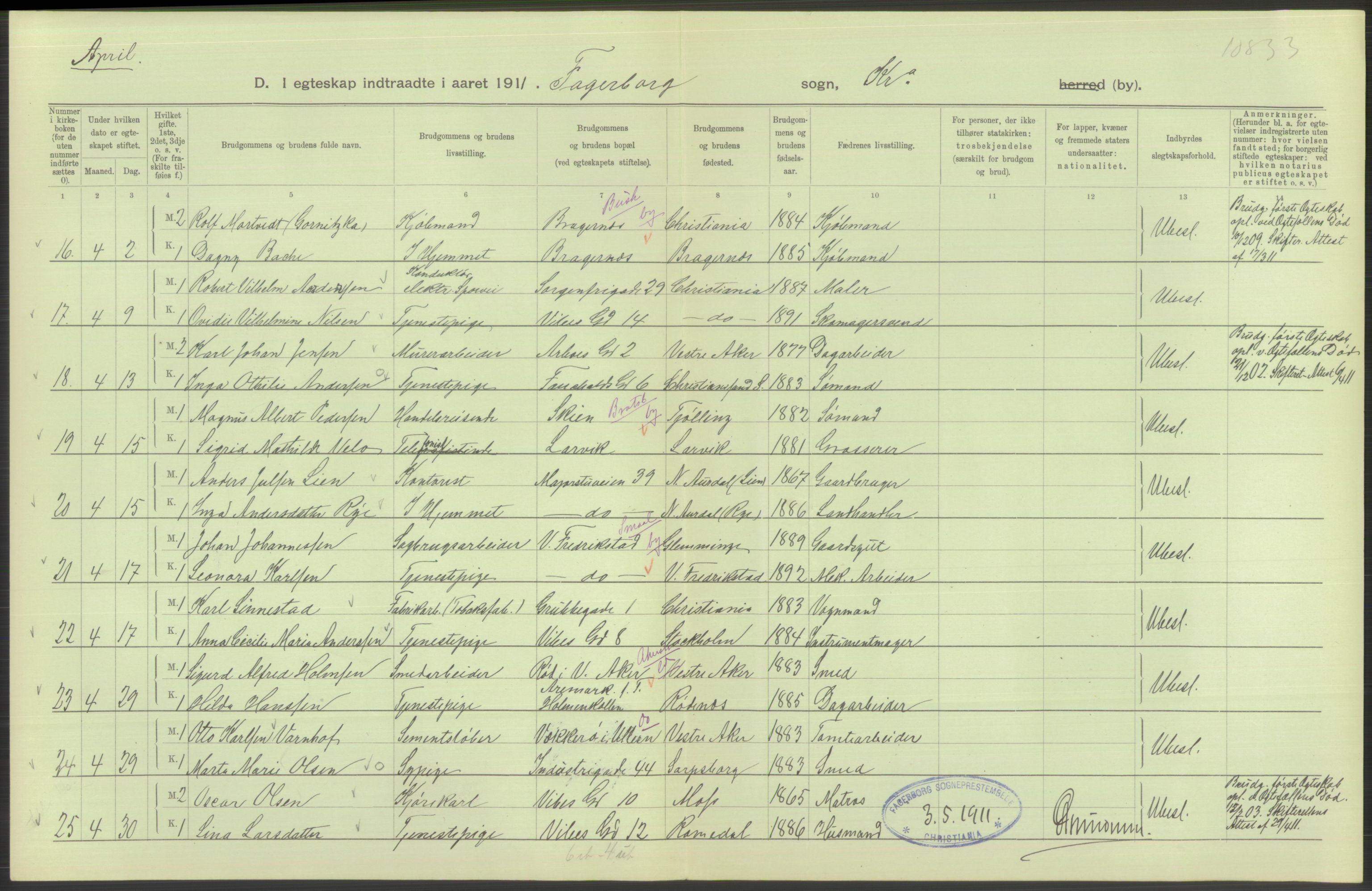 Statistisk sentralbyrå, Sosiodemografiske emner, Befolkning, AV/RA-S-2228/D/Df/Dfb/Dfba/L0008: Kristiania: Gifte, 1911, p. 340