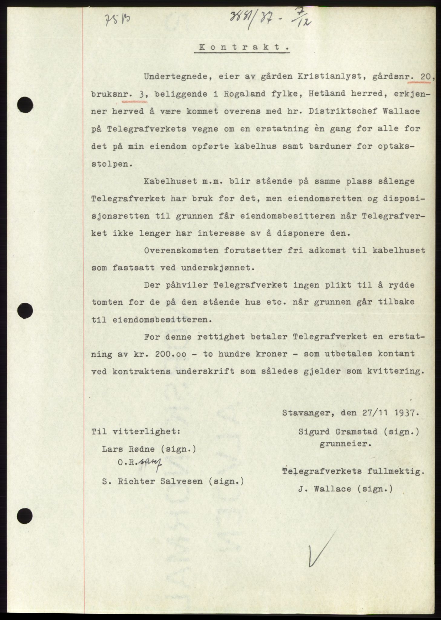 Jæren sorenskriveri, SAST/A-100310/03/G/Gba/L0069: Mortgage book, 1937-1937, Diary no: : 3881/1937