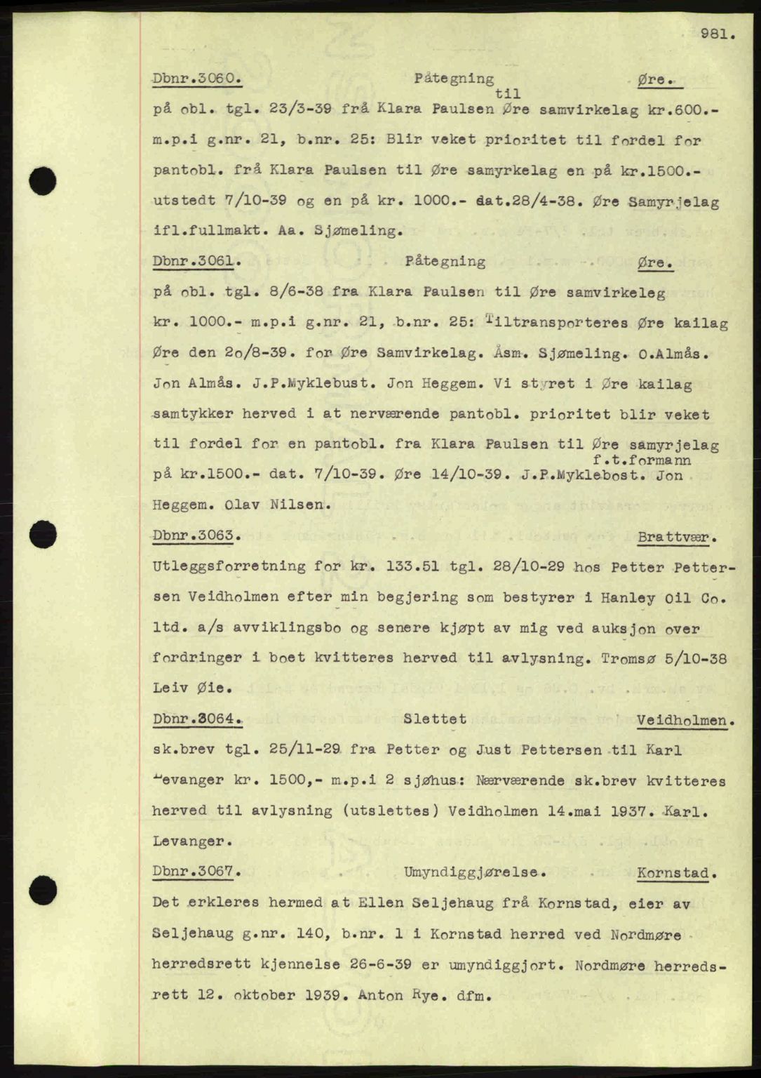 Nordmøre sorenskriveri, AV/SAT-A-4132/1/2/2Ca: Mortgage book no. C80, 1936-1939, Diary no: : 3060/1939