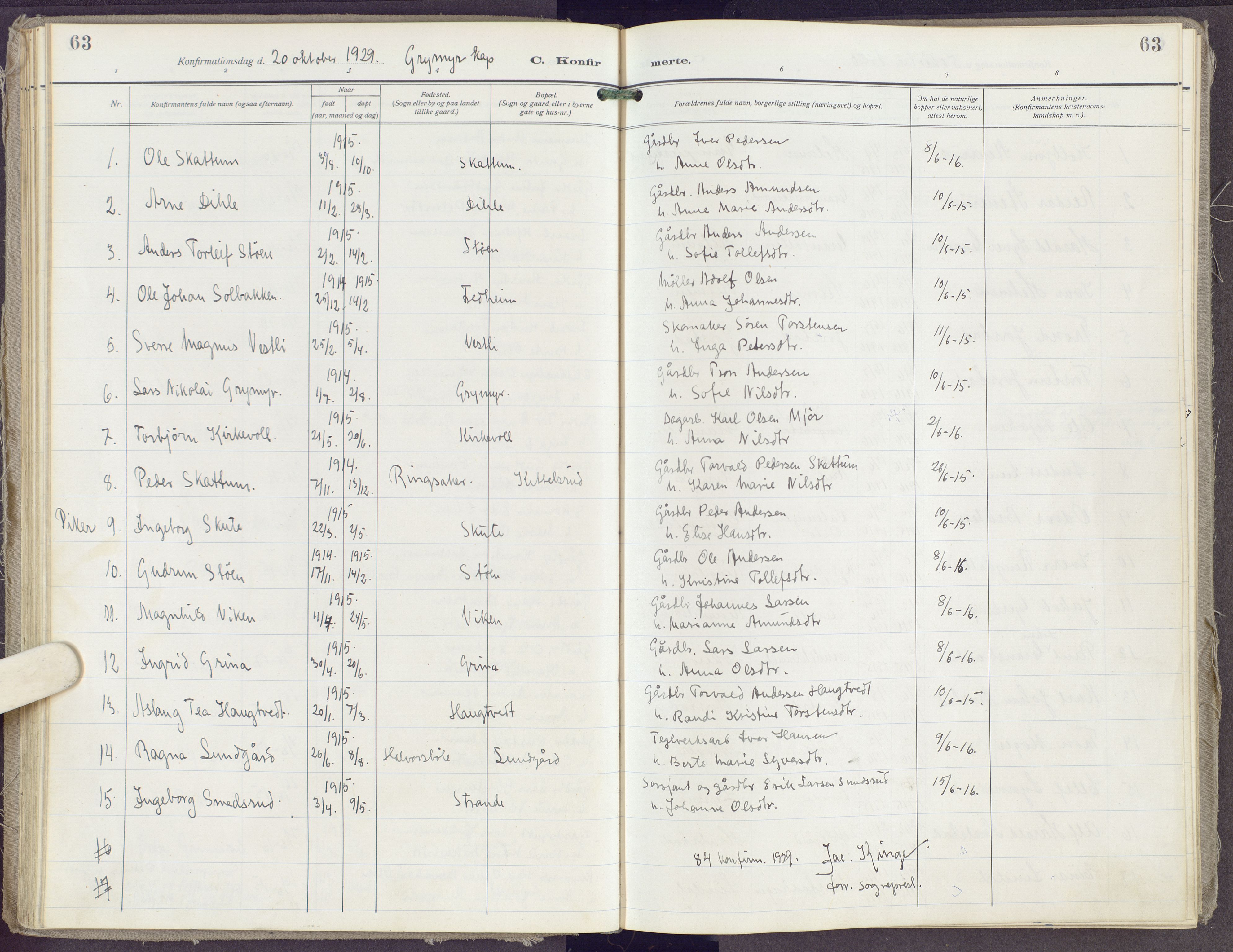 Gran prestekontor, SAH/PREST-112/H/Ha/Haa/L0023: Parish register (official) no. 23, 1919-1938, p. 63