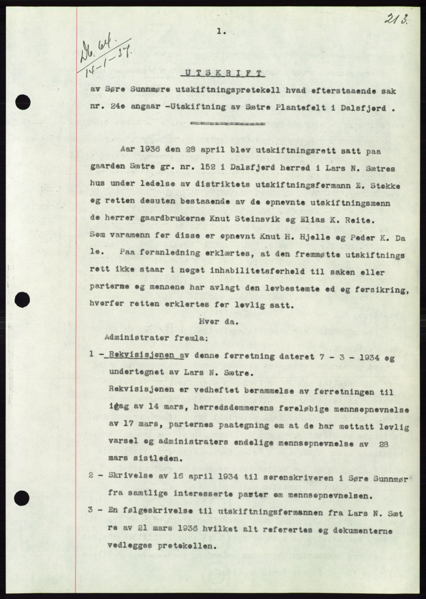 Søre Sunnmøre sorenskriveri, SAT/A-4122/1/2/2C/L0062: Mortgage book no. 56, 1936-1937, Diary no: : 64/1937
