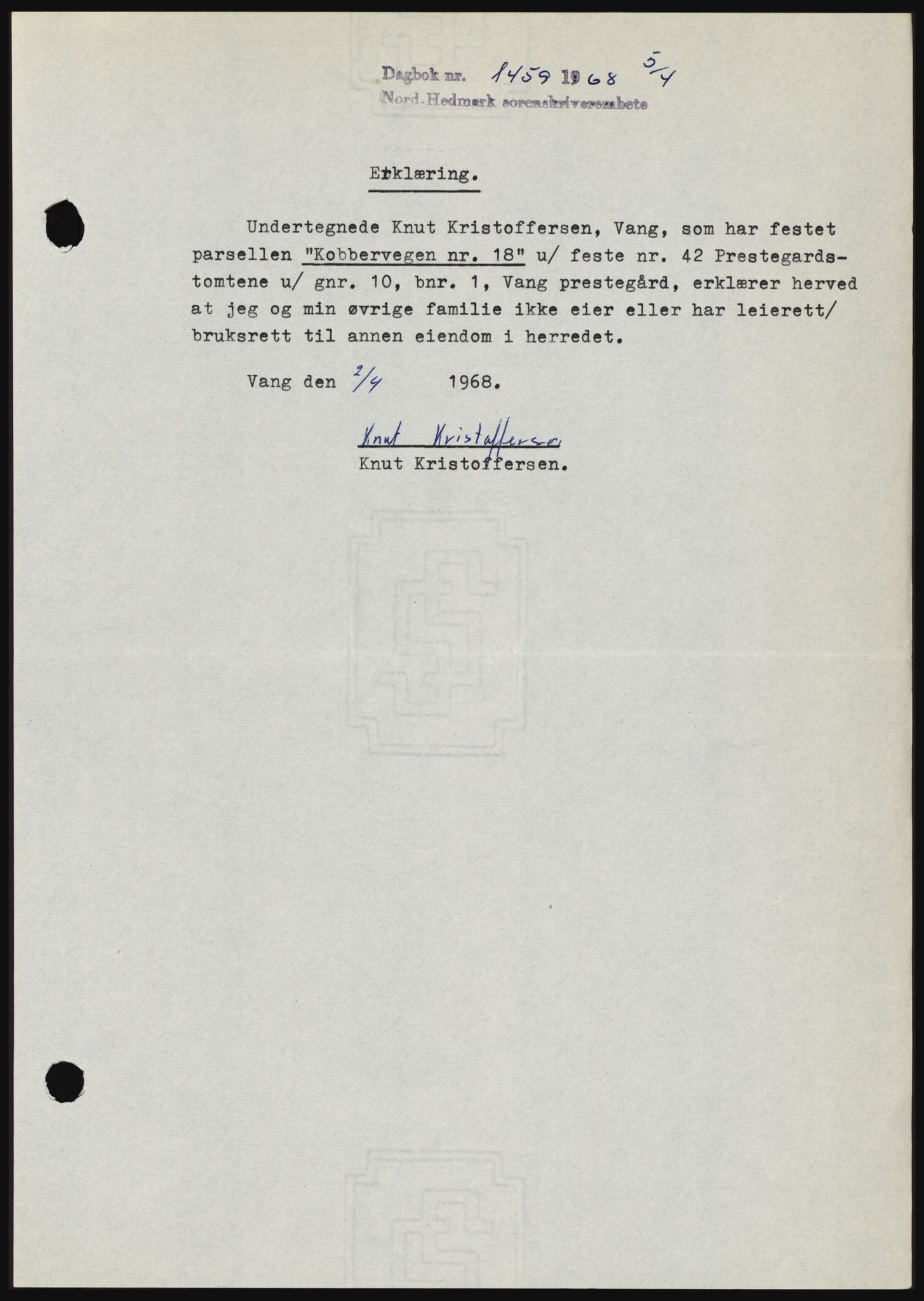 Nord-Hedmark sorenskriveri, SAH/TING-012/H/Hc/L0027: Mortgage book no. 27, 1967-1968, Diary no: : 1459/1968