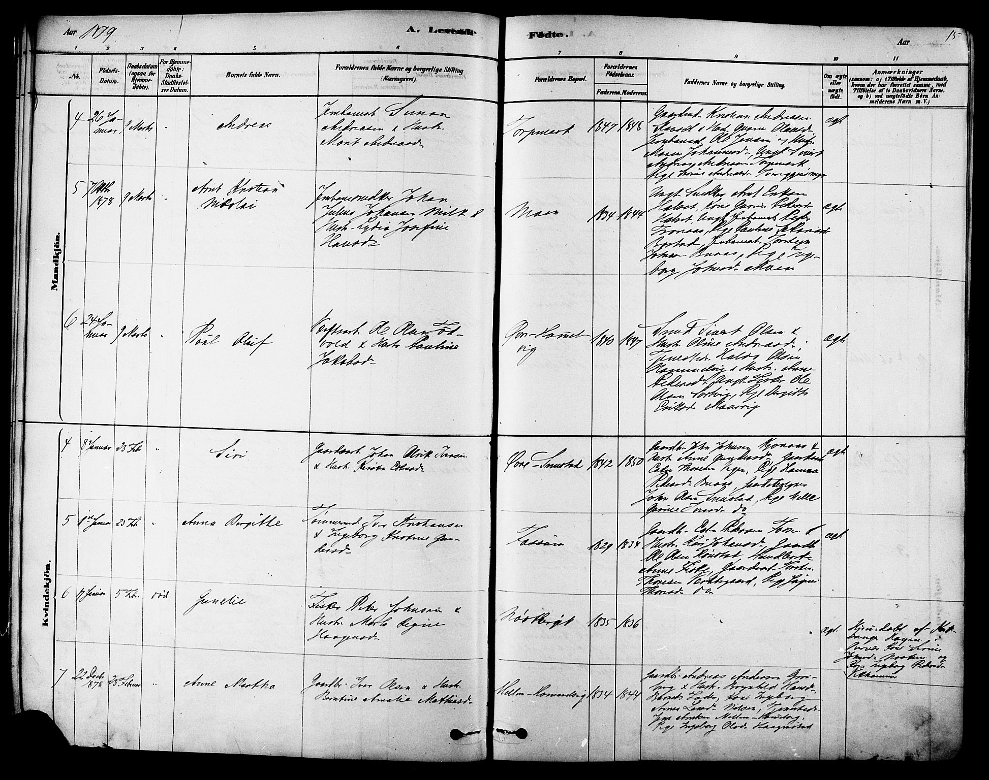 Ministerialprotokoller, klokkerbøker og fødselsregistre - Sør-Trøndelag, SAT/A-1456/616/L0410: Parish register (official) no. 616A07, 1878-1893, p. 15