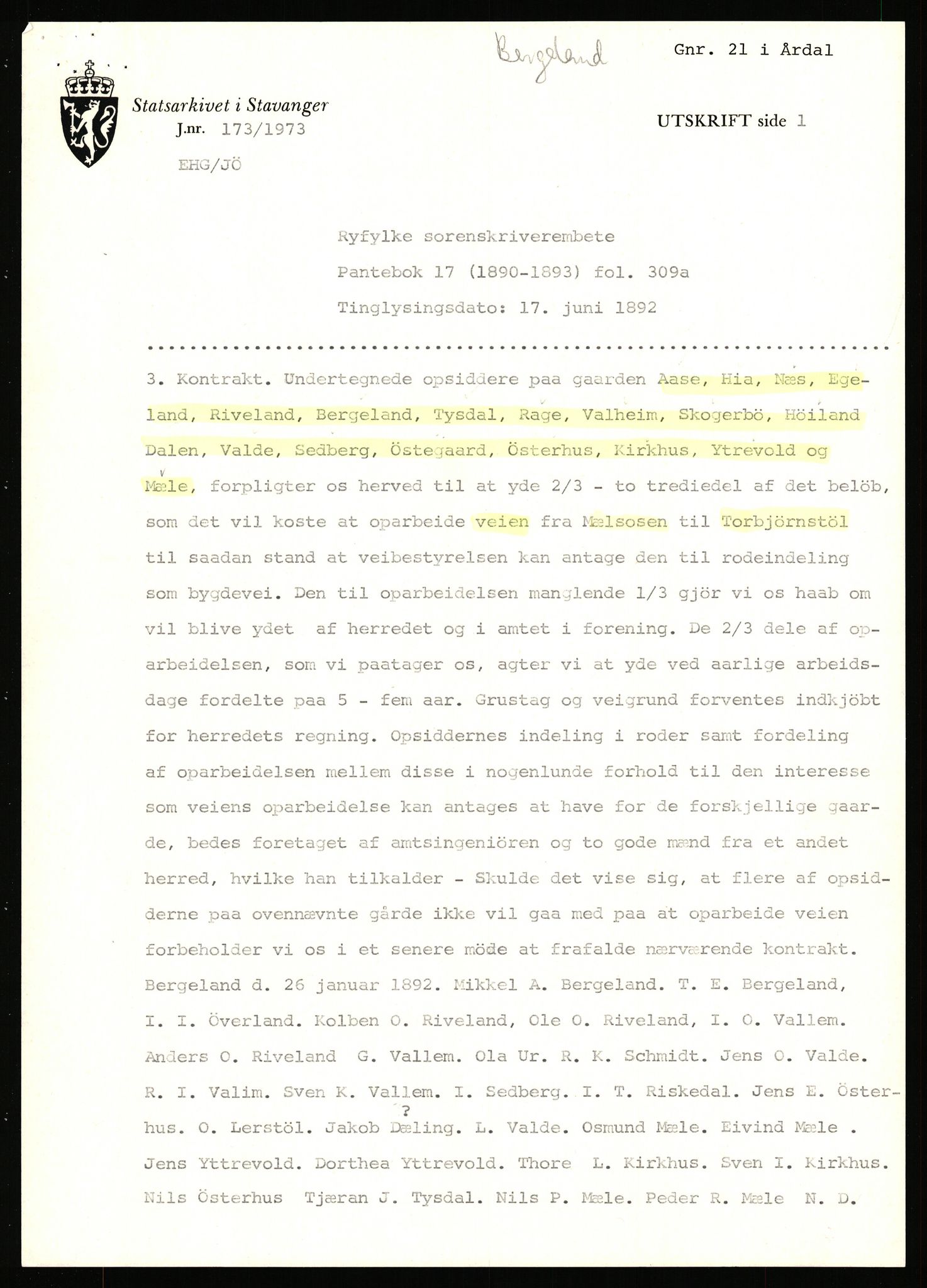 Statsarkivet i Stavanger, AV/SAST-A-101971/03/Y/Yj/L0007: Avskrifter sortert etter gårdsnavn: Berekvam - Birkeland, 1750-1930, p. 268