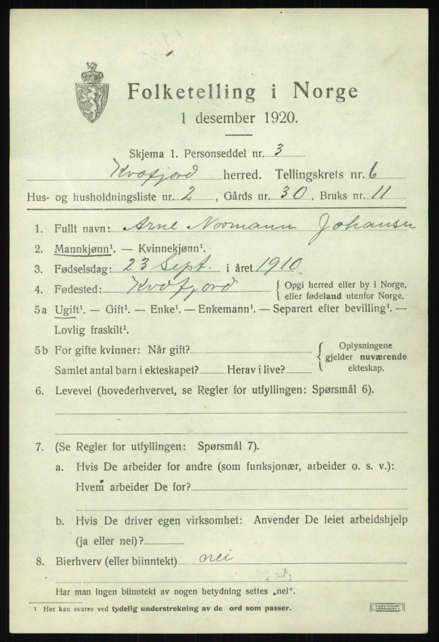 SATØ, 1920 census for Kvæfjord, 1920, p. 3137