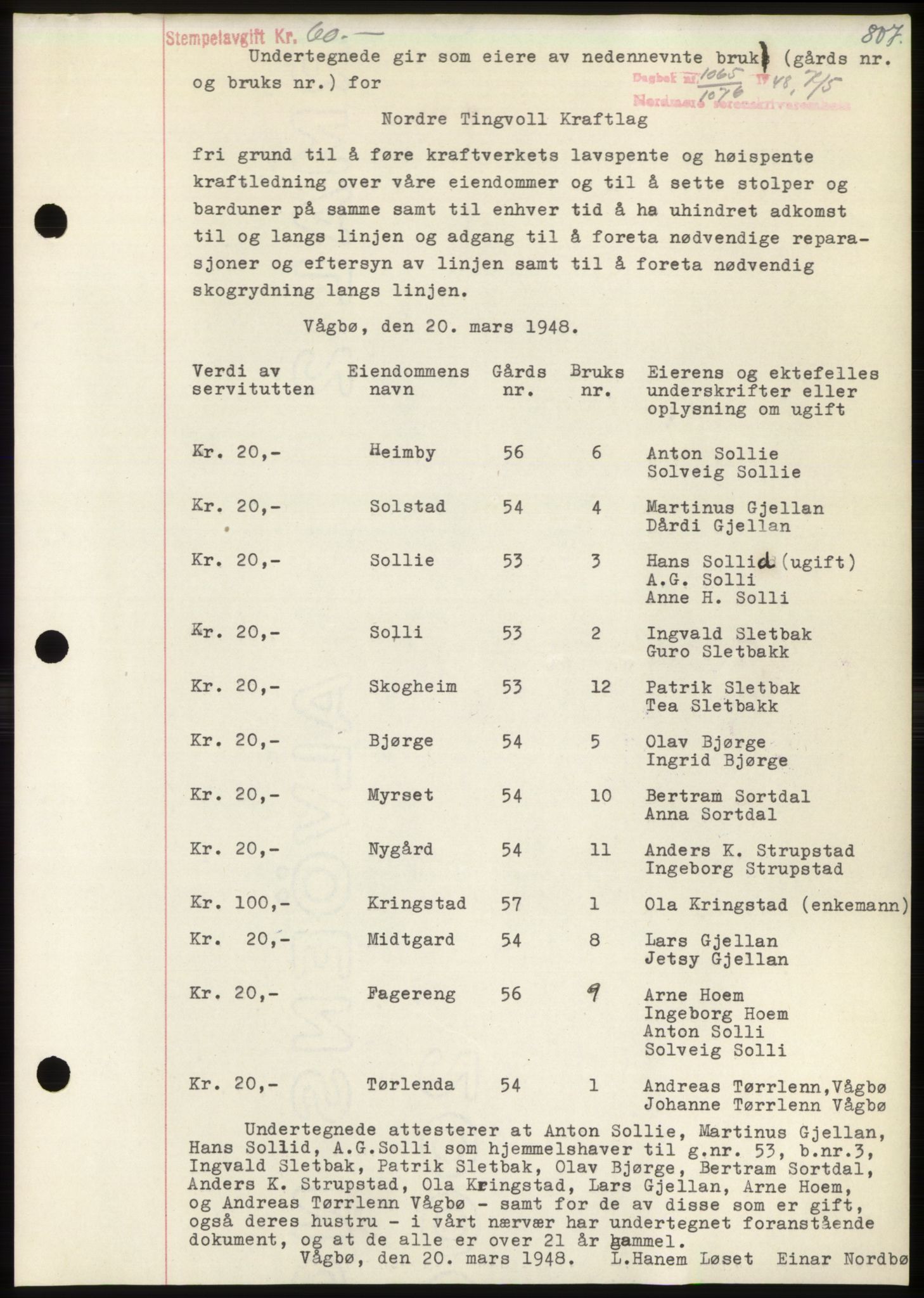 Nordmøre sorenskriveri, AV/SAT-A-4132/1/2/2Ca: Mortgage book no. B98, 1948-1948, Diary no: : 1065/1948