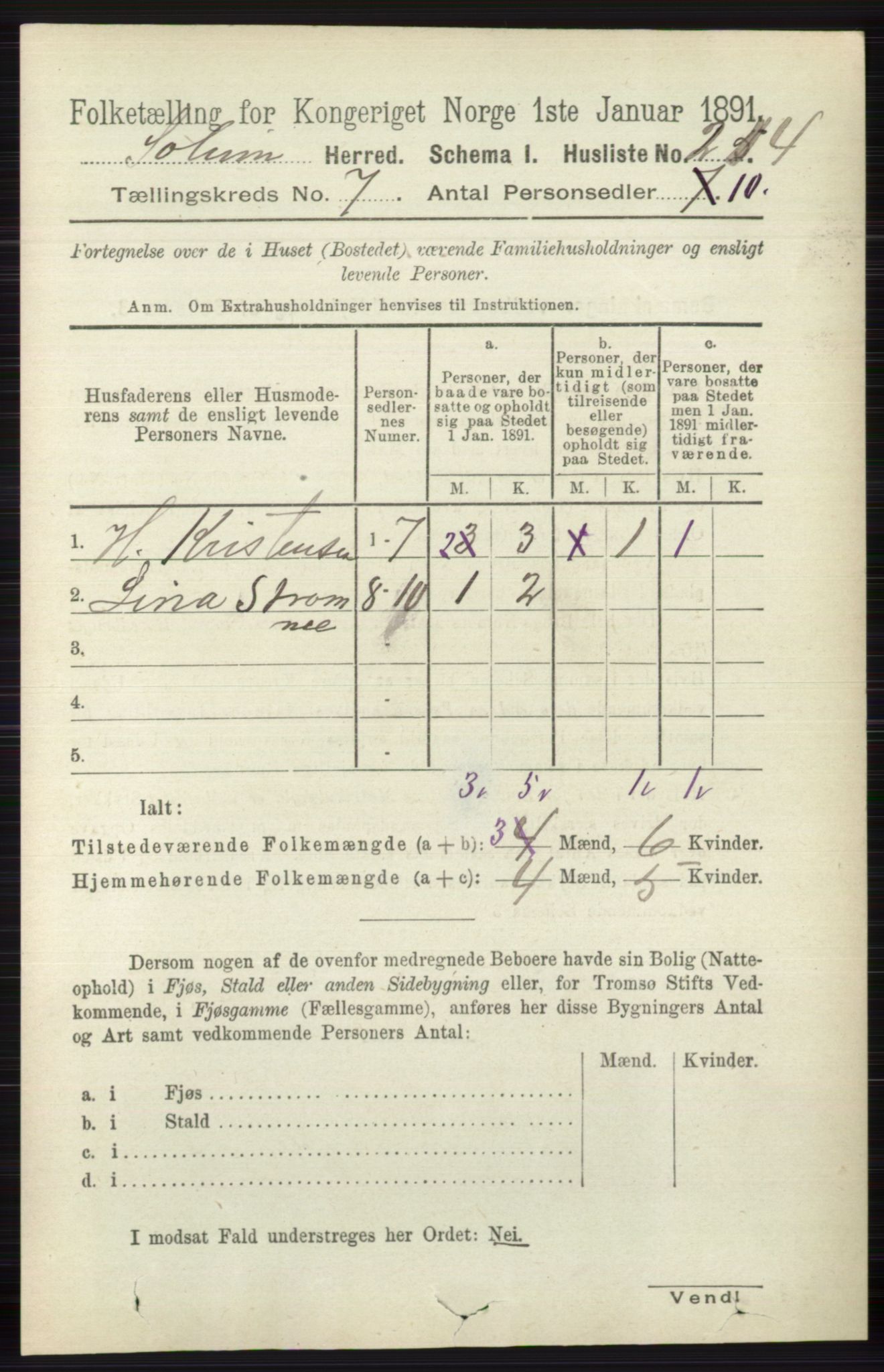 RA, 1891 census for 0818 Solum, 1891, p. 2703