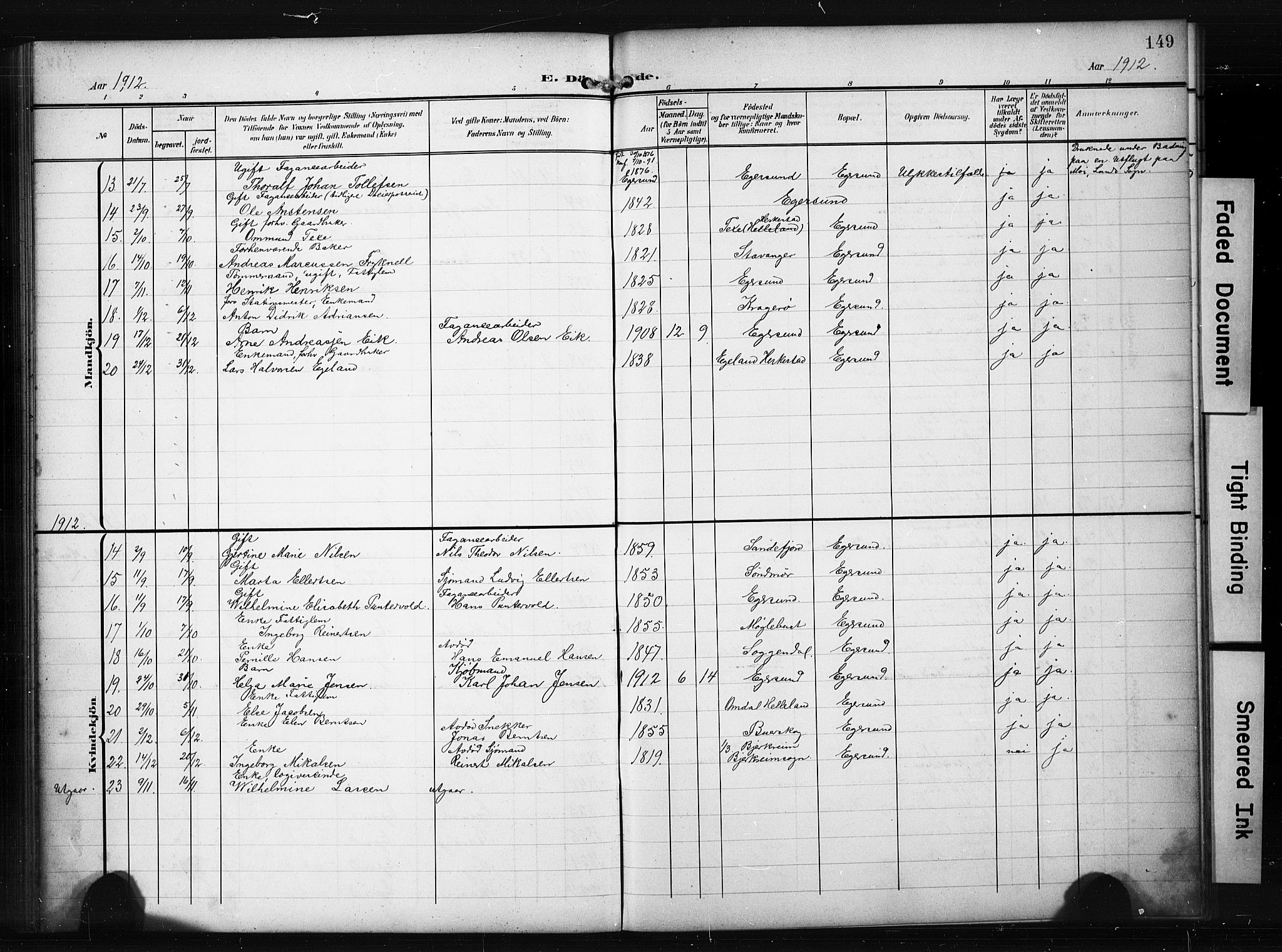 Eigersund sokneprestkontor, SAST/A-101807/S09/L0012: Parish register (copy) no. B 12, 1908-1930, p. 149