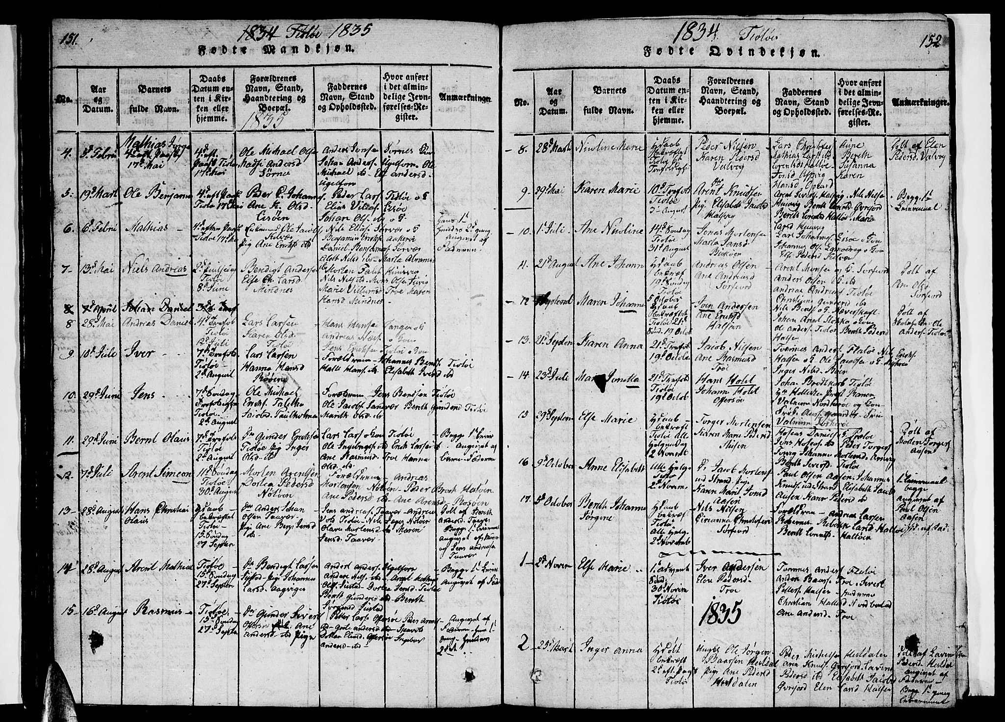 Ministerialprotokoller, klokkerbøker og fødselsregistre - Nordland, SAT/A-1459/830/L0458: Parish register (copy) no. 830C01 /2, 1829-1840, p. 151-152