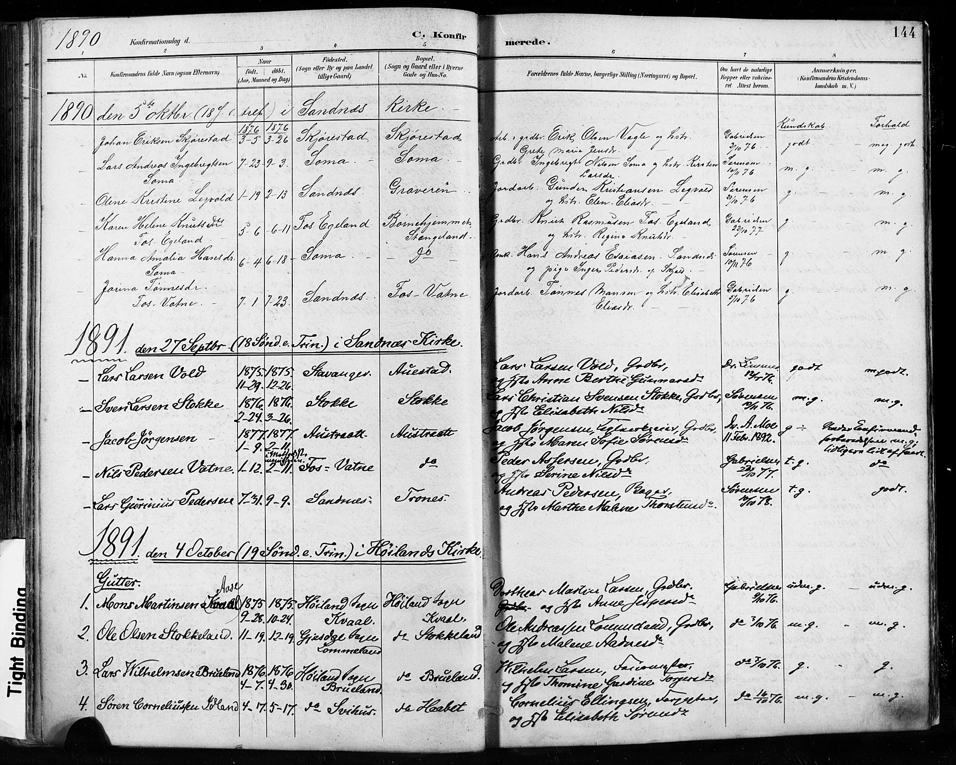 Høyland sokneprestkontor, SAST/A-101799/001/30BA/L0013: Parish register (official) no. A 13.1, 1889-1898, p. 144