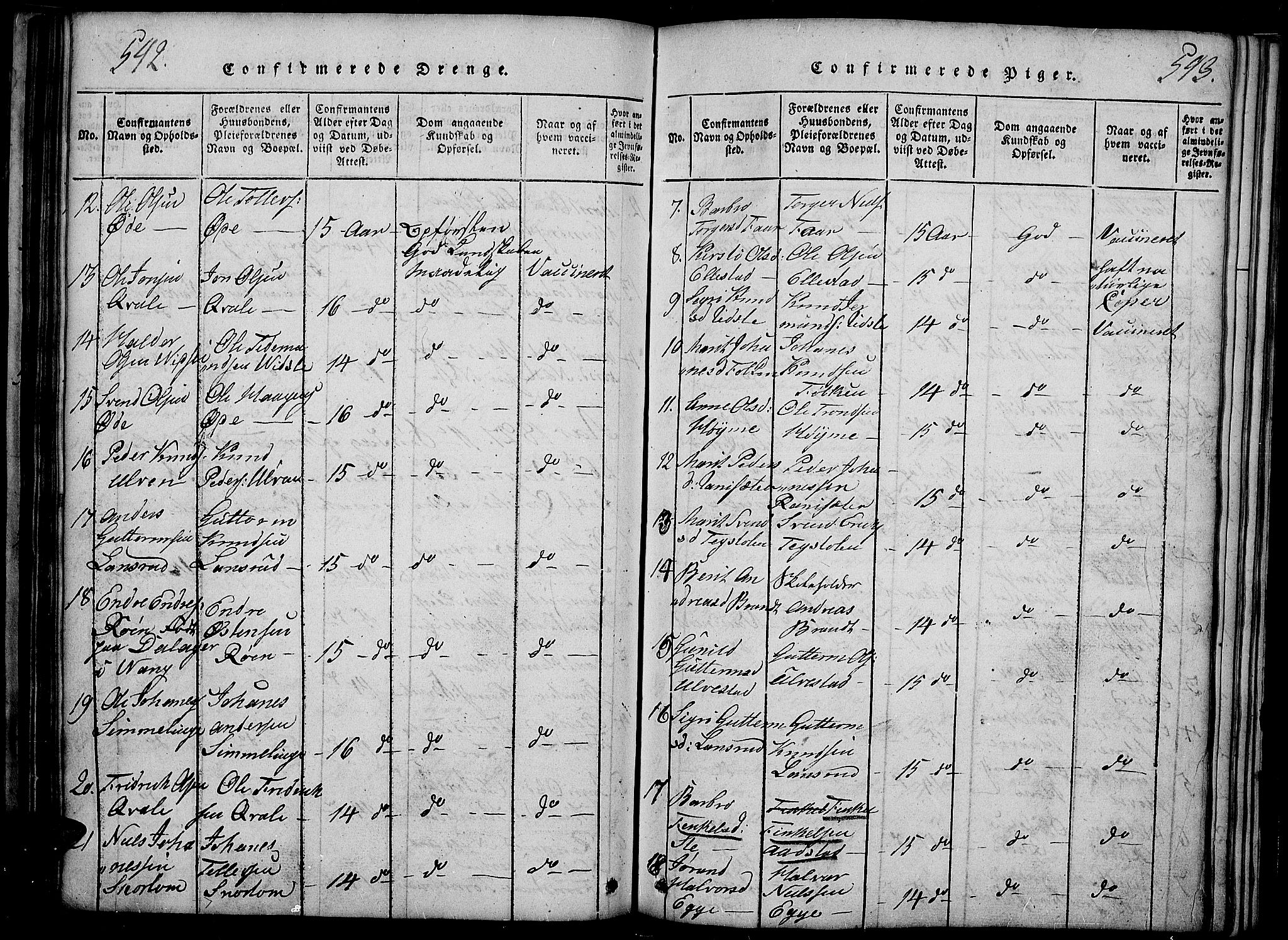 Slidre prestekontor, SAH/PREST-134/H/Ha/Haa/L0002: Parish register (official) no. 2, 1814-1830, p. 542-543