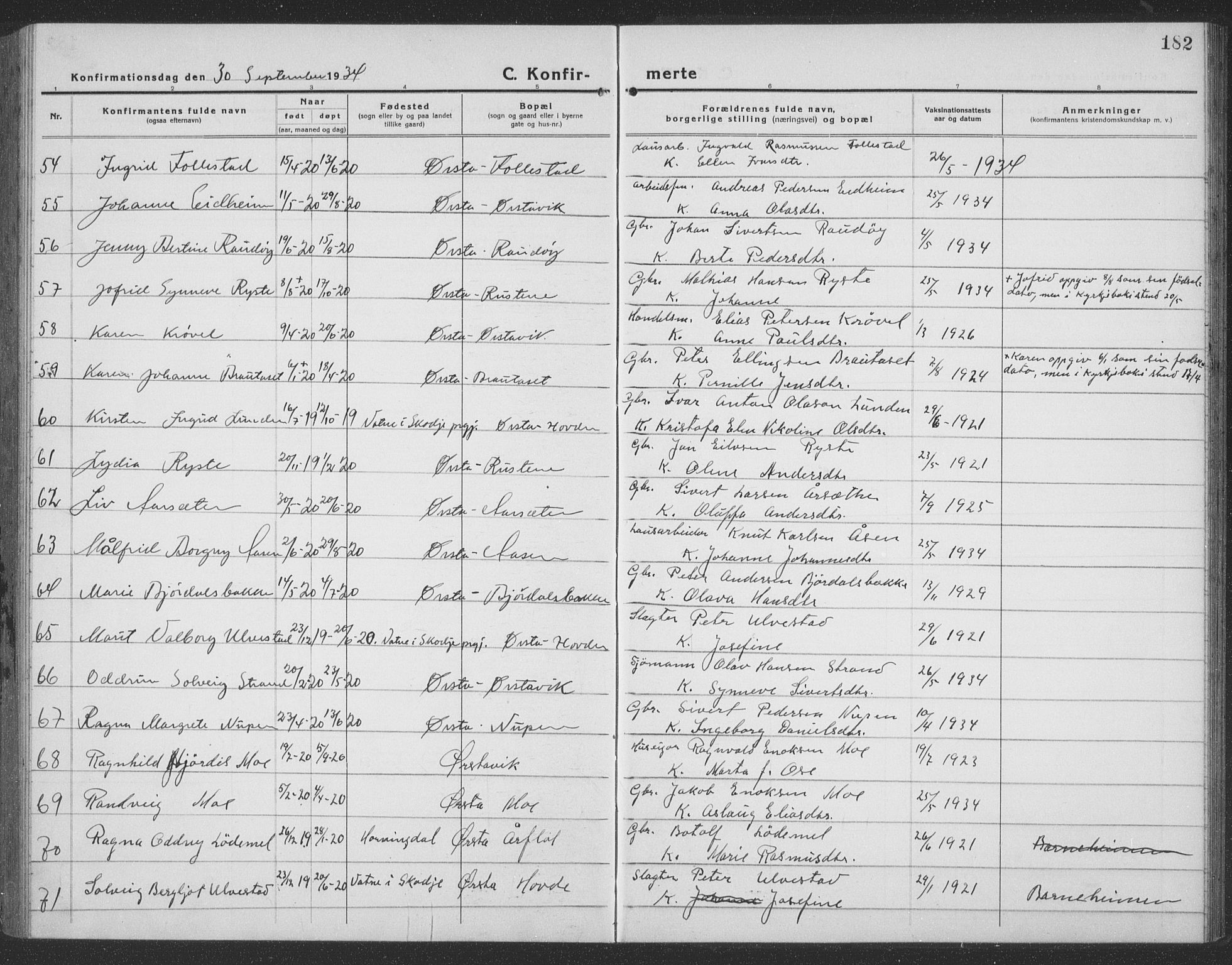 Ministerialprotokoller, klokkerbøker og fødselsregistre - Møre og Romsdal, AV/SAT-A-1454/513/L0191: Parish register (copy) no. 513C05, 1920-1941, p. 182