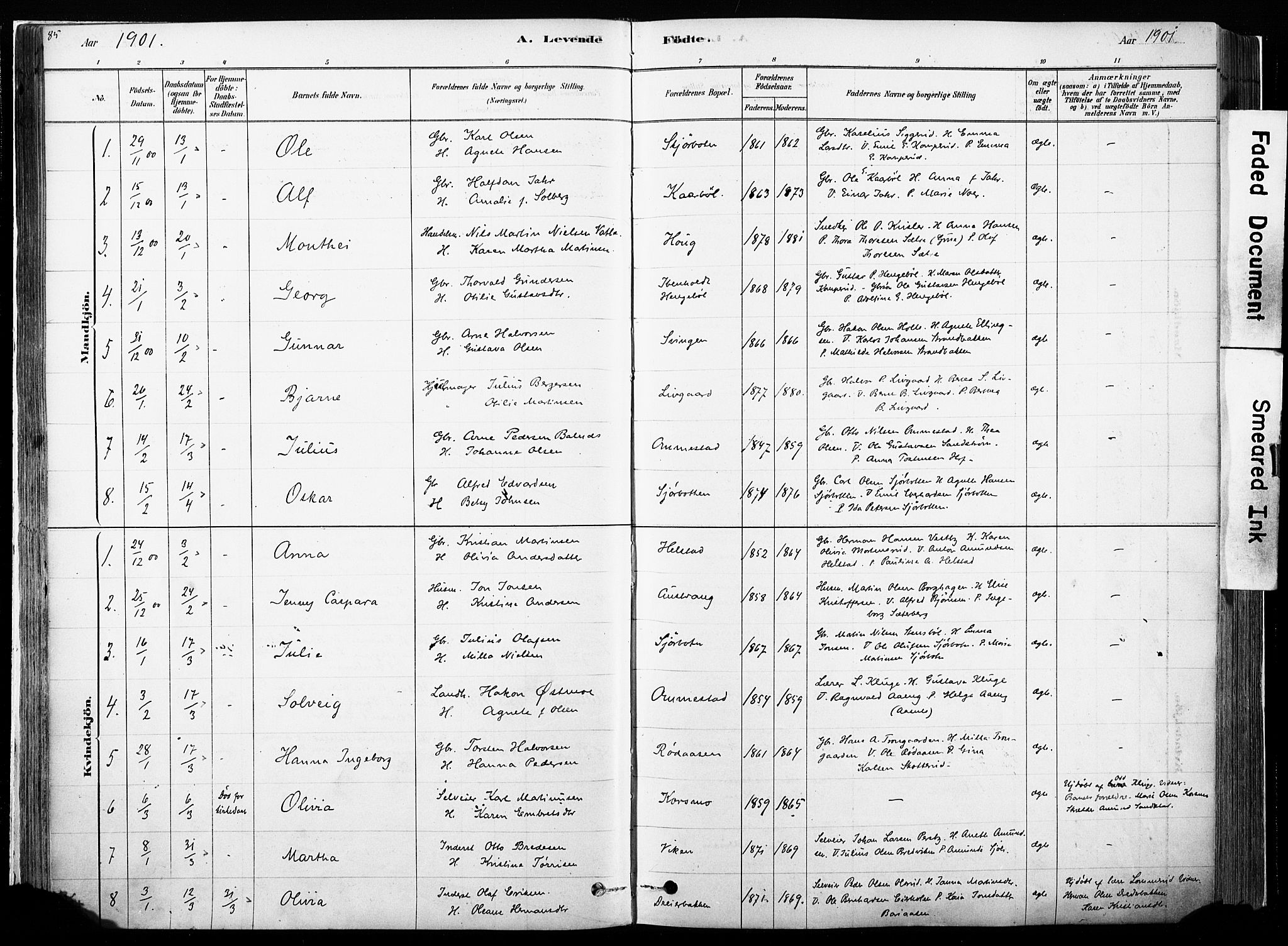 Hof prestekontor, SAH/PREST-038/H/Ha/Haa/L0010: Parish register (official) no. 10, 1878-1909, p. 85