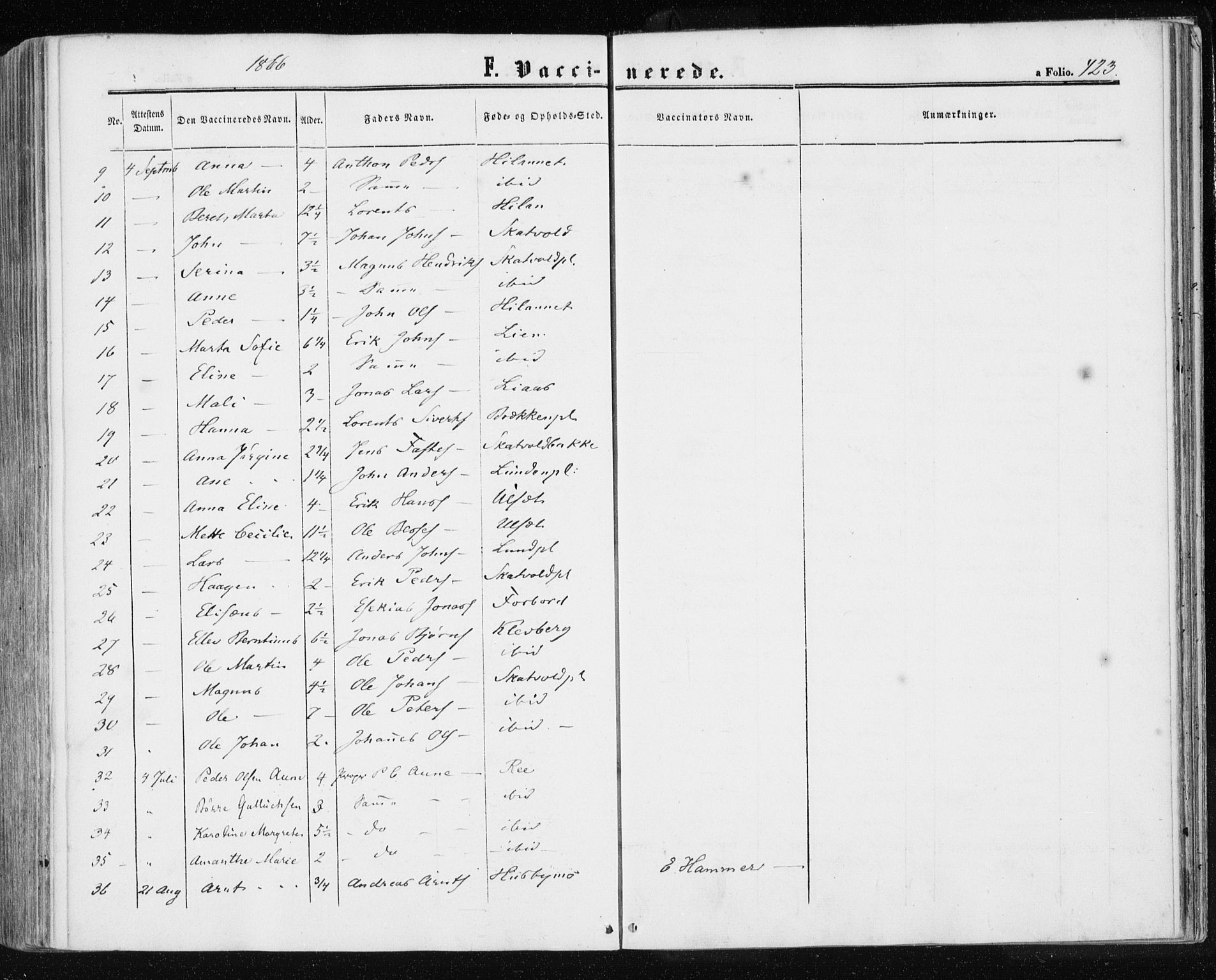 Ministerialprotokoller, klokkerbøker og fødselsregistre - Nord-Trøndelag, SAT/A-1458/709/L0075: Parish register (official) no. 709A15, 1859-1870, p. 423