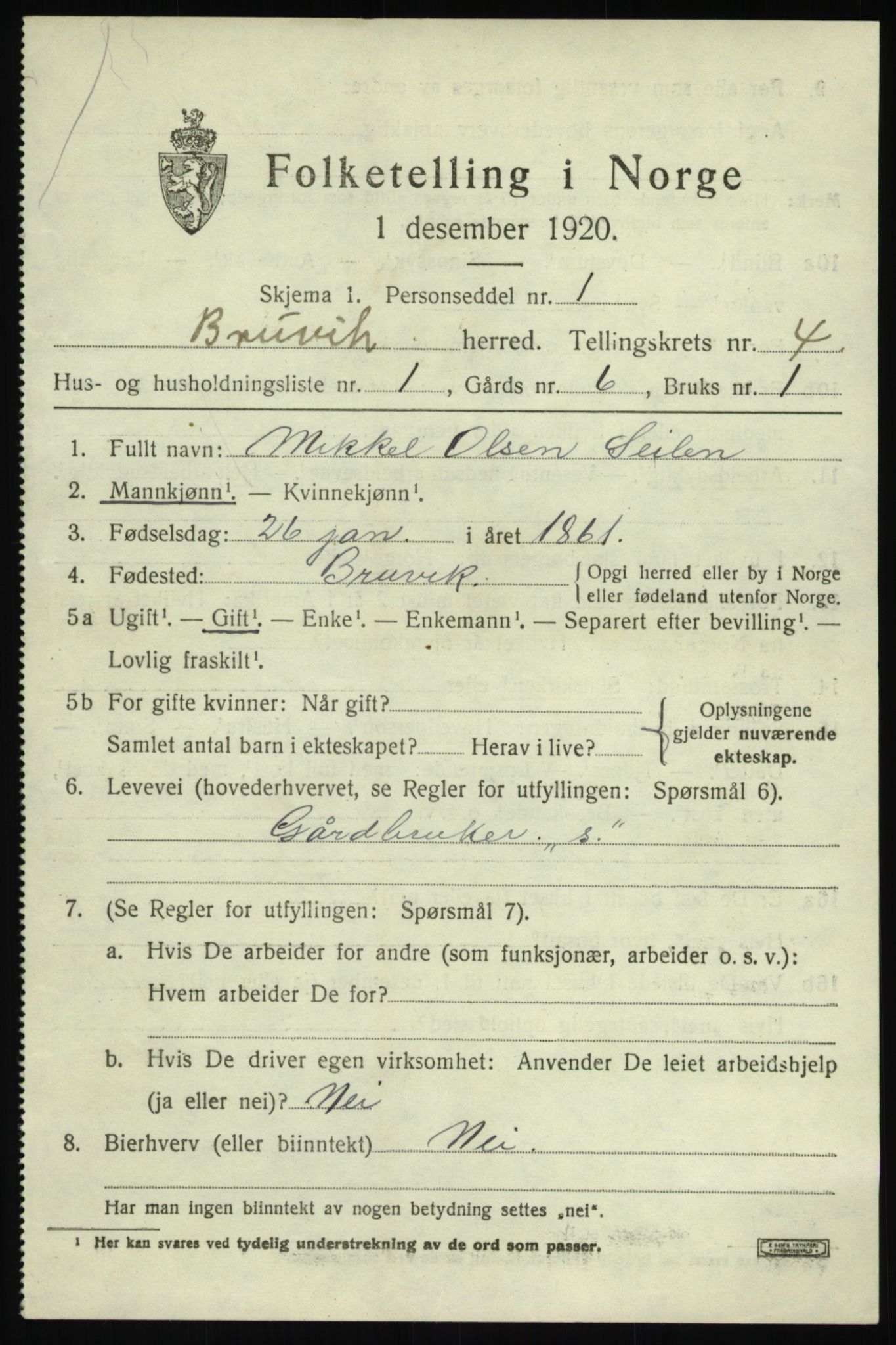 SAB, 1920 census for Bruvik, 1920, p. 2418