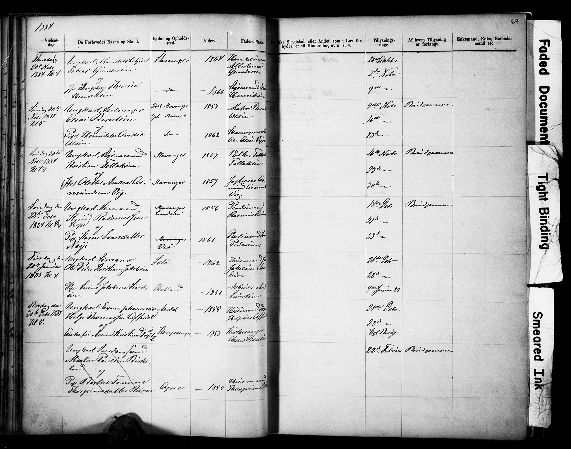 Domkirken sokneprestkontor, SAST/A-101812/001/30/30BB/L0014: Parish register (copy) no. B 14, 1875-1902, p. 67