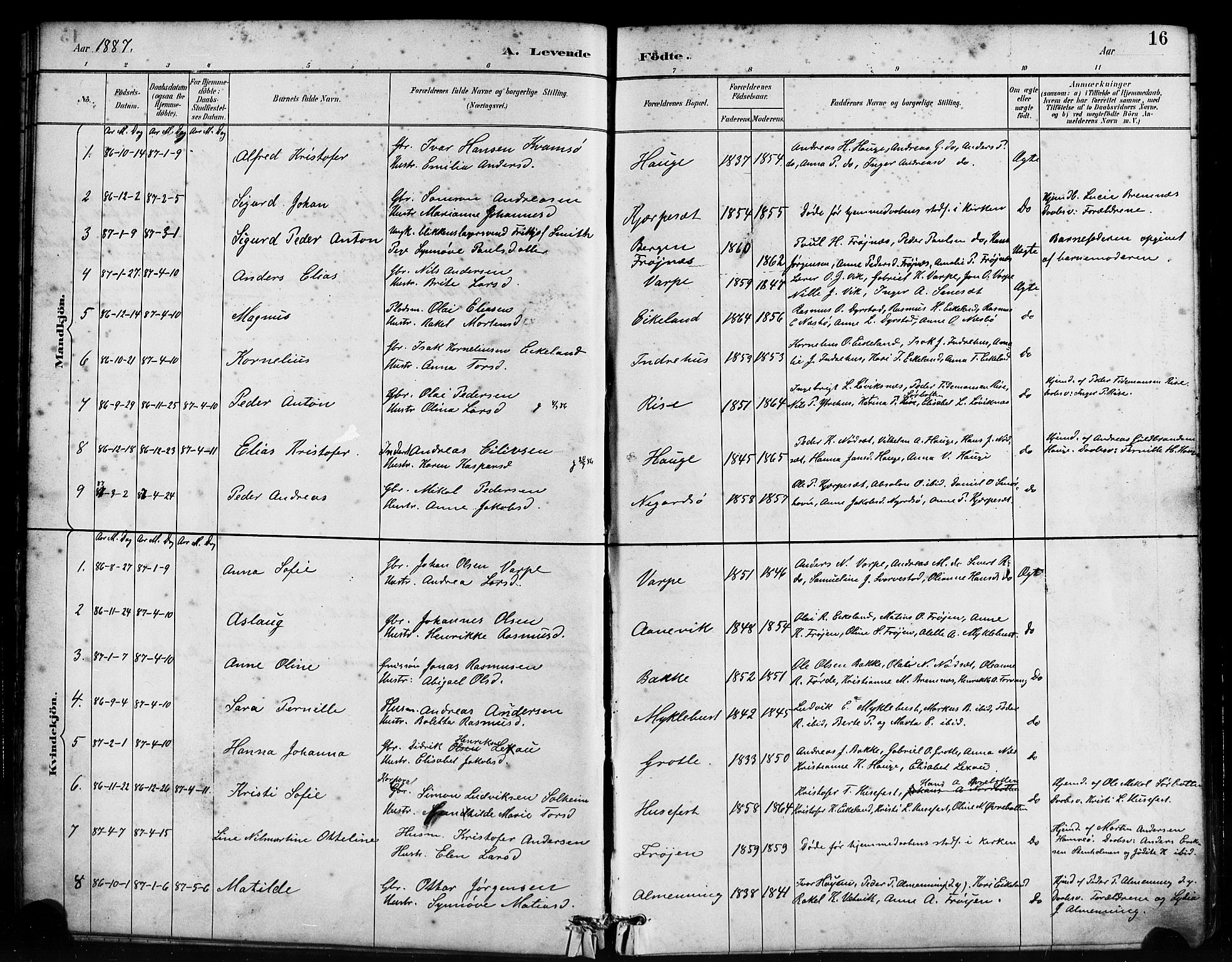 Bremanger sokneprestembete, SAB/A-82201/H/Haa/Haab/L0001: Parish register (official) no. B 1, 1884-1895, p. 16