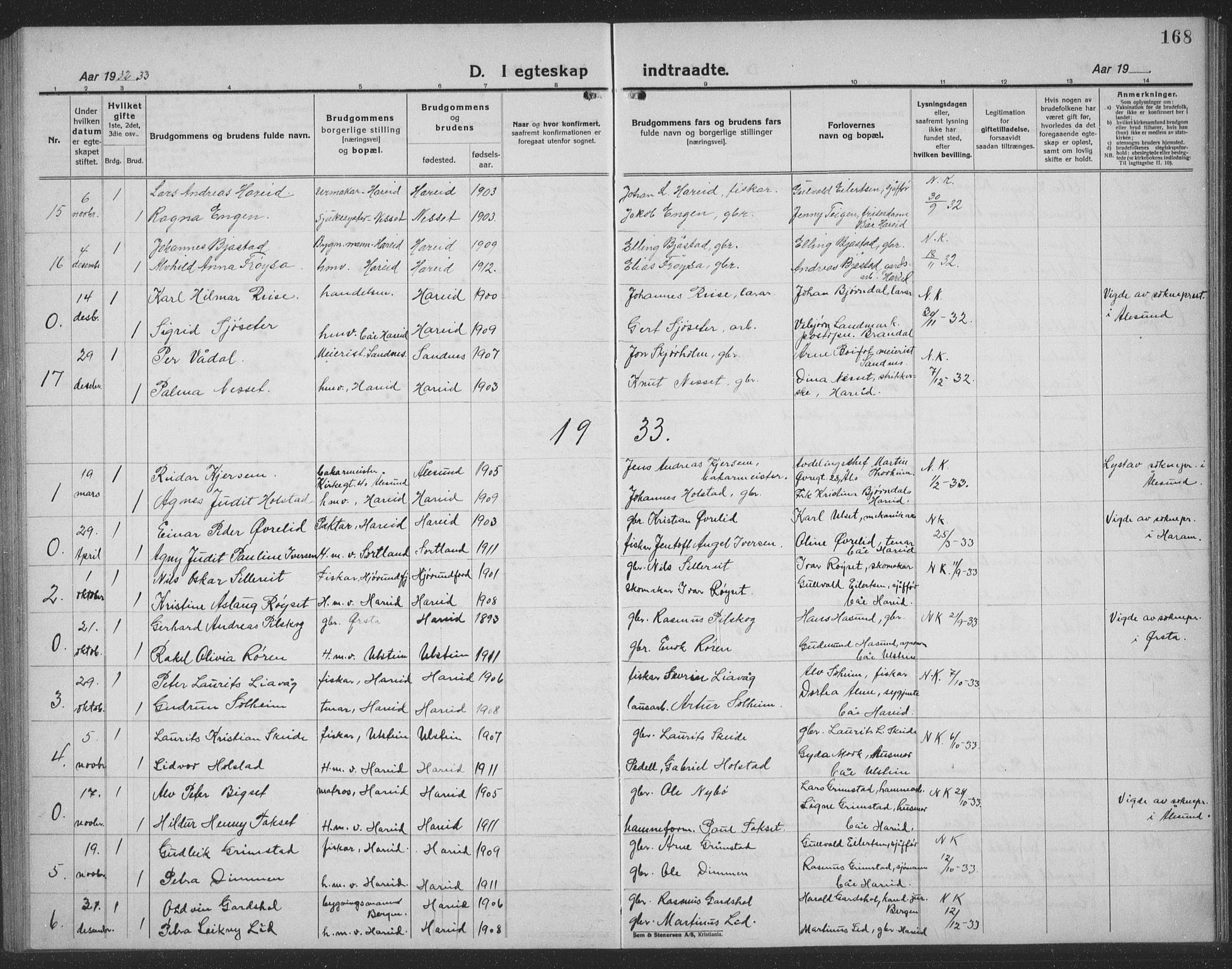 Ministerialprotokoller, klokkerbøker og fødselsregistre - Møre og Romsdal, SAT/A-1454/510/L0127: Parish register (copy) no. 510C04, 1923-1939, p. 168