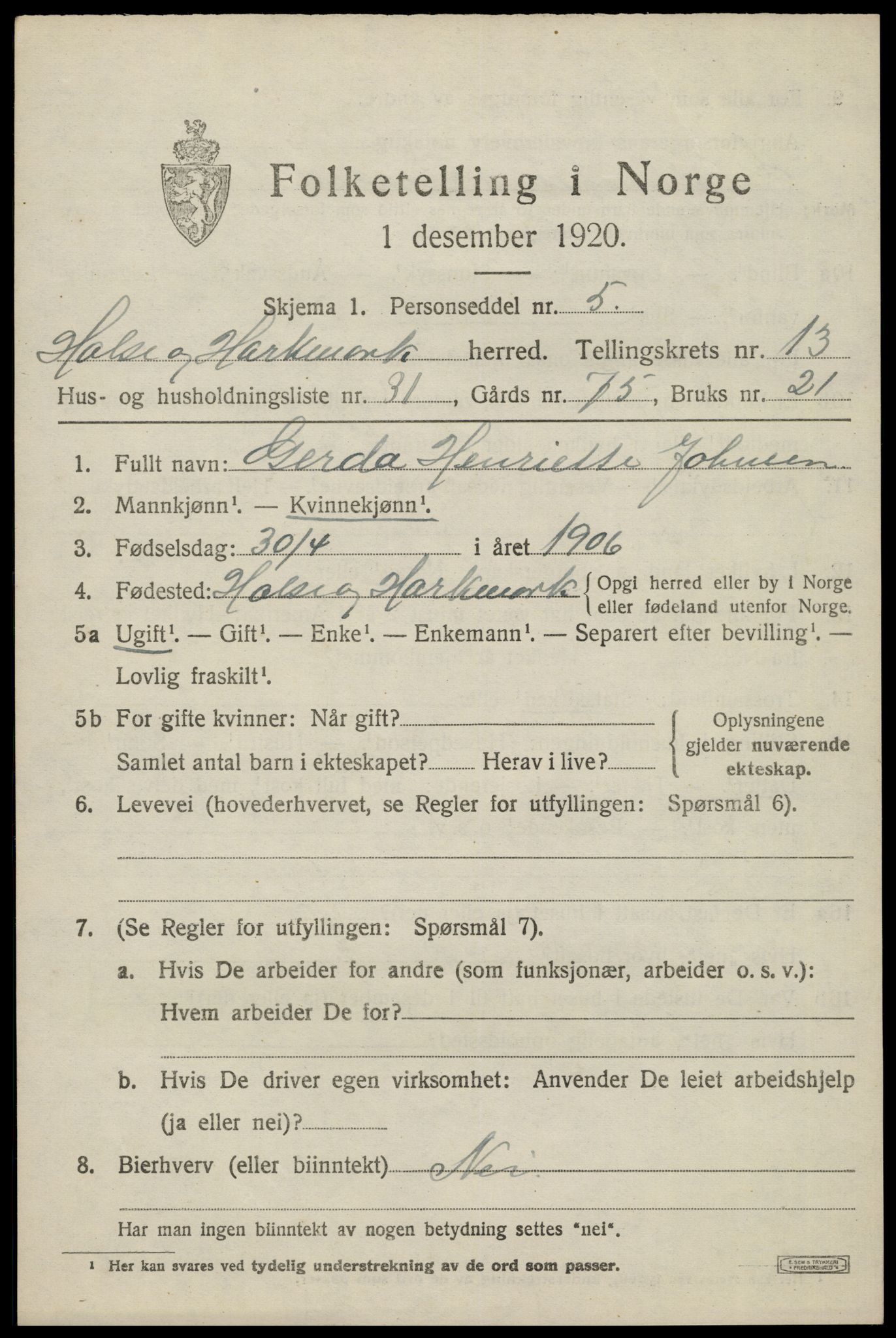 SAK, 1920 census for Halse og Harkmark, 1920, p. 7281