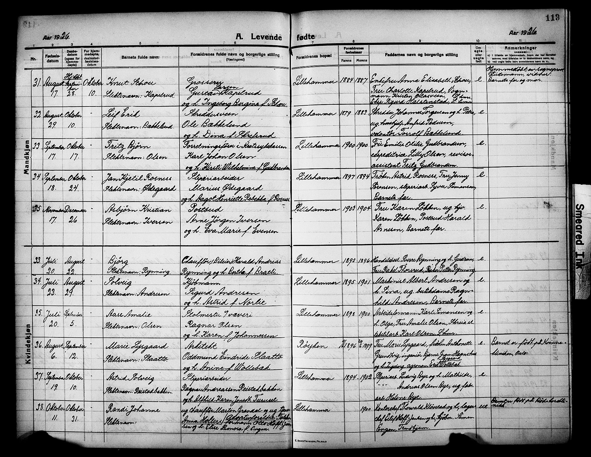 Lillehammer prestekontor, SAH/PREST-088/H/Ha/Hab/L0002: Parish register (copy) no. 2, 1913-1929, p. 113