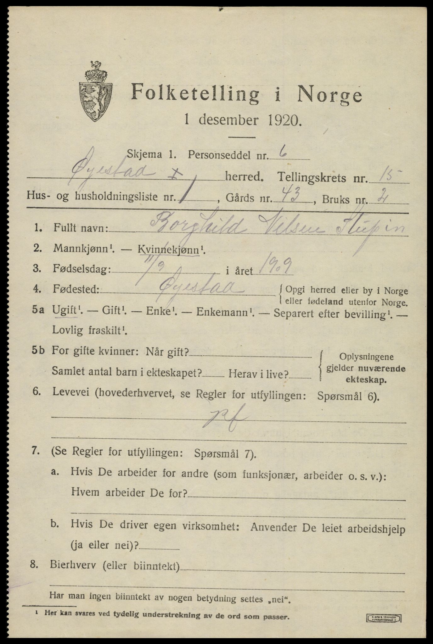 SAK, 1920 census for Øyestad, 1920, p. 10104