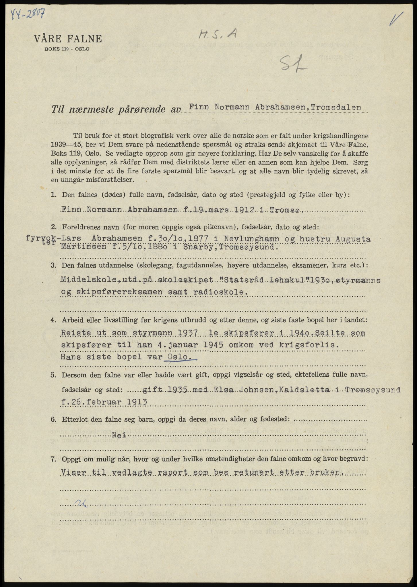 Sosialdepartementet, Våre Falne, AV/RA-S-1708/E/Ee/L0025: Personmapper: Abelsen 01 - Amundsen, H. 65, 1945-1951, p. 187