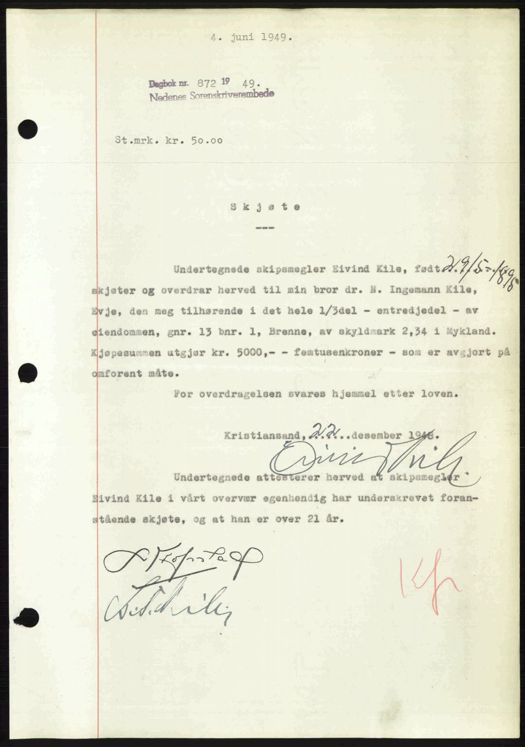 Nedenes sorenskriveri, AV/SAK-1221-0006/G/Gb/Gba/L0060: Mortgage book no. A12, 1948-1949, Diary no: : 872/1949