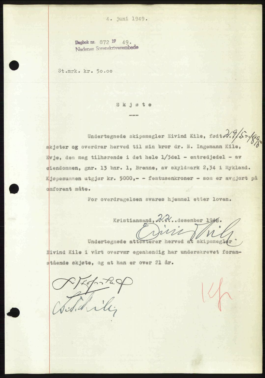 Nedenes sorenskriveri, SAK/1221-0006/G/Gb/Gba/L0060: Mortgage book no. A12, 1948-1949, Diary no: : 872/1949